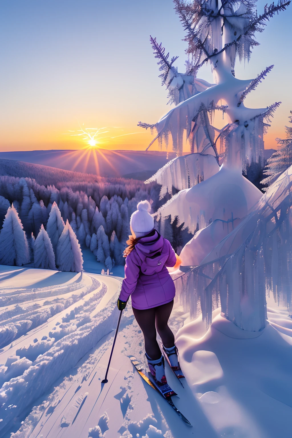 photo, photorealistic, photorealism, full body shot, wide angle, female busty skier wearing ski wears, fully clothed, gigantic breasts, cleavage, giga_busty, (rime ice covered trees along skyline:1.3), (rime ice and snow:1.5), (sunrise:1.5)