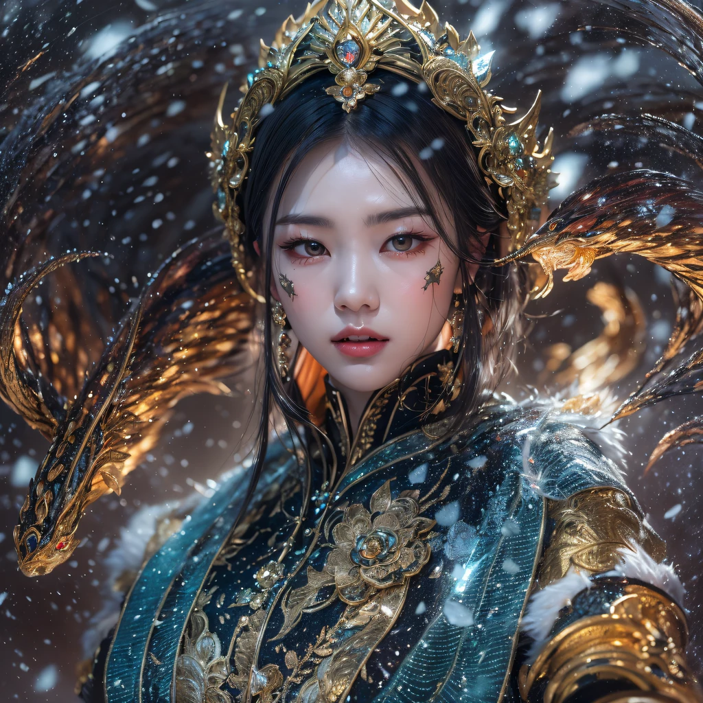 Fly the Nine-Tailed Light Blue Sky Division Flame Hairy Bear Star,Erotic,Torch Night Black Gold Orange Brocade Silk Snake Print Silk Pants,Rouge diamond tulle sheer lizard-patterned leggings,Fat Girl Space Flying in the Snow 1:900 miniatures,Front view,Pure transparency,Wear boxing gloves,Wear thick-rimmed reflective sunglasses with gold threads,Panorama ultra-wide angle,extremely happy,The texture of the real person is delicate,Strong visual impact,Hyper-detailing,Dream girl,Refined face,prettyeyes,Hair strands float in the air, Cherry model,Ouyang Xiaotong,crystal-clear,Good sense of perspective,Light and shadow effects,16K smooth,Surface reflected light,Flowing black hair,Water Goddess 32K,复杂,ellegance,highly detailed,A majestic,Digital photography,Autumn cowboy shot,surrealism painting,Broken rubies,Beating magic,Entwined water magic,(tmasterpiece,Cinematic light,Fine beautiful eyes:1.2),hdr,Void 5 Energy Storm,(China 1 girl,Black eyes:1.5),Rouge skin,Glowing skin,(sitting on the stone:1.5),delicated face,Black color hair,Put on palatial gold armor,cropped shoulders,,short skirt,Beautiful golden armor,Rained,big breasts beautiful,looking at viewert,Face away from the camera,tmasterpiece,Lateral face,Side portrait close-up