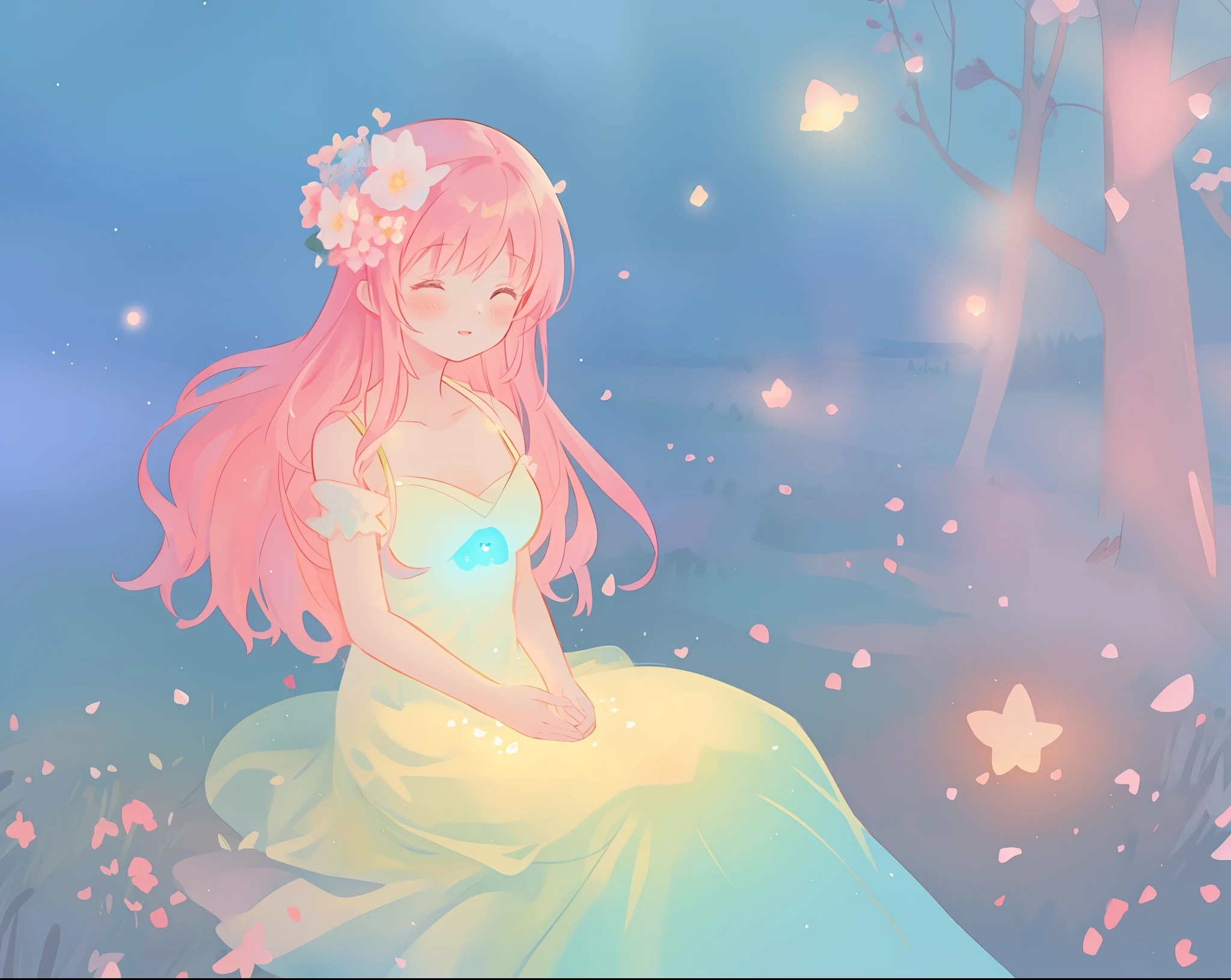 beautiful girl in white dress, fairy dress, beautiful girl sitting in a field with pink red flowers, glowing lights, whimsical landscape, long pink flowing hair, watercolor illustration, inspired by Glen Keane, inspired by Lois van Baarle, disney art style, by Lois van Baarle, glowing aura around her, by Glen Keane, jen bartel, glowing lights! digital painting, flowing glowing hair, glowing flowing hair, beautiful digital illustration, fantasia otherworldly landscape plants flowers, beautiful, masterpiece, best quality, anime disney style