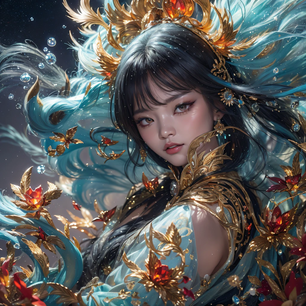 Fly the Nine-Tailed Light Blue Sky Division Flame Hairy Bear Star,Erotic,Torch Night Black Gold Orange Brocade Silk Snake Print Silk Pants,Rouge diamond tulle sheer lizard-patterned leggings,Fat Girl Space Flying in the Snow 1:900 miniatures,Front view,Pure transparency,Wear boxing gloves,Wear thick-rimmed reflective sunglasses with gold threads,Panorama ultra-wide angle,extremely happy,The texture of the real person is delicate,Strong visual impact,Hyper-detailing,Dream girl,Refined face,prettyeyes,Hair strands float in the air, Cherry model,Ouyang Xiaotong,crystal-clear,Good sense of perspective,Light and shadow effects,16K smooth,Surface reflected light,Flowing black hair,Water Goddess 32K,复杂,ellegance,highly detailed,A majestic,Digital photography,Autumn cowboy shot,surrealism painting,Broken rubies,Beating magic,Entwined water magic,(tmasterpiece,Cinematic light,Fine beautiful eyes:1.2),hdr,Void 5 Energy Storm,(China 1 girl,Black eyes:1.5),Rouge skin,Glowing skin,(sitting on the stone:1.5),delicated face,Black color hair,Put on palatial gold armor,cropped shoulders,,short skirt,Beautiful golden armor,Rained,big breasts beautiful,looking at viewert,Face away from the camera,tmasterpiece,Lateral face,Side portrait close-up