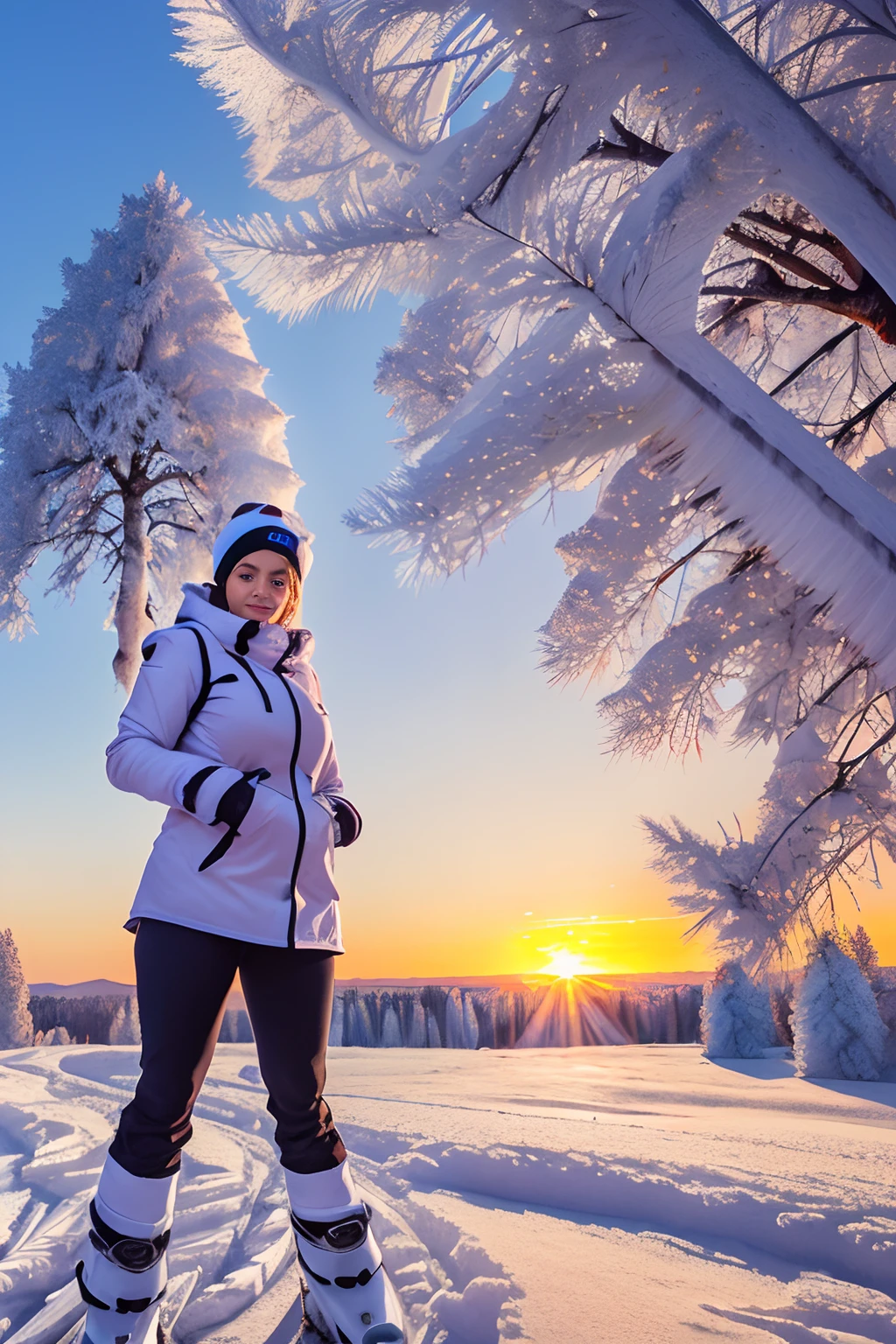 photo, photorealistic, photorealism, full body shot, wide angle, female busty skier wearing ski wears, fully clothed, gigantic breasts, cleavage, giga_busty, (rime ice covered trees along skyline:1.3), (rime ice and snow:1.5), (sunrise:1.5)