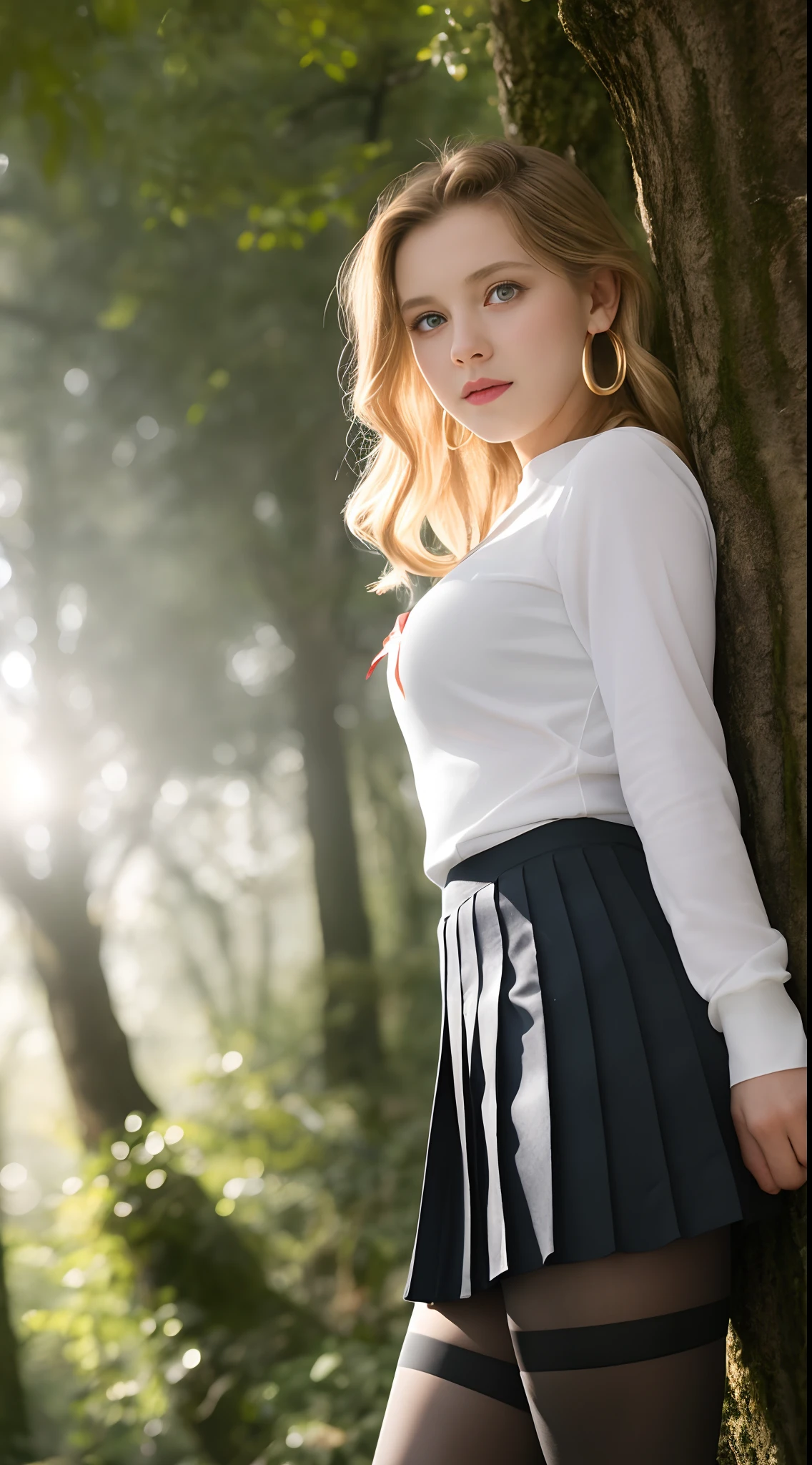 ((Pre-teen)), beautiful girl, model body, big blue eyes, small breasts, long legs, medium hoop earrings, spiderman uniform, tiny pleated skirt, ((adult size 20 black tights)), low angle shot, very white skin, long hair, wavy hair, blonde hair, school in the forest, classroom, photorealistic, indirect lighting, volumetric light, specular light, ray tracing, hyper-detailed, best quality, ultra-high resolution , HDR, 8k, soft focus, fog