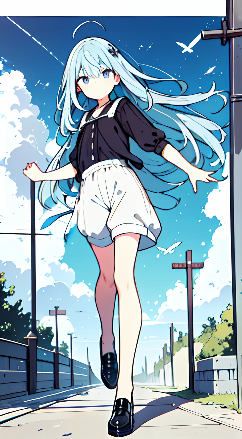 (masterpiece, high quality), 1girl, 18yo, colorful top, small breast, mini skirt, upskirt, colorful panties, long hair, (low angle), wide angle, view from below, walk the city stret, blue skies, power lines, vibrant colors, bright, white, watercolor