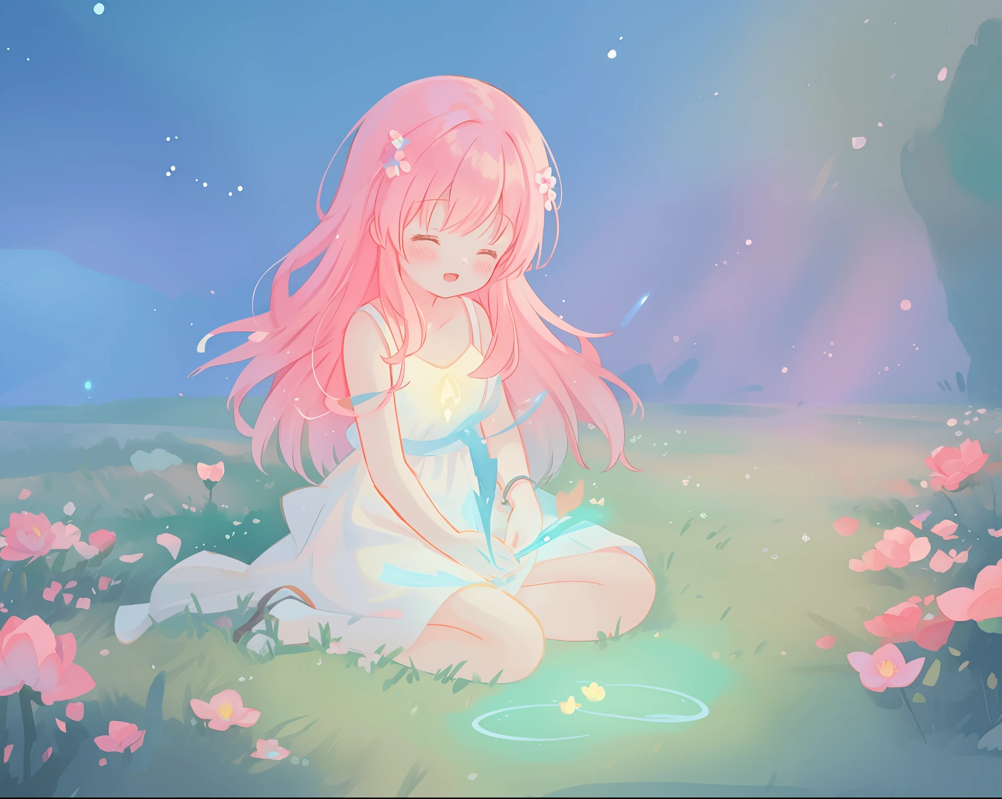 beautiful girl in white dress, fairy dress, beautiful girl sitting in a field with pink red flowers, glowing lights, whimsical landscape, long pink flowing hair, watercolor illustration, inspired by Glen Keane, inspired by Lois van Baarle, disney art style, by Lois van Baarle, glowing aura around her, by Glen Keane, jen bartel, glowing lights! digital painting, flowing glowing hair, glowing flowing hair, beautiful digital illustration, fantasia otherworldly landscape plants flowers, beautiful, masterpiece, best quality, anime disney style