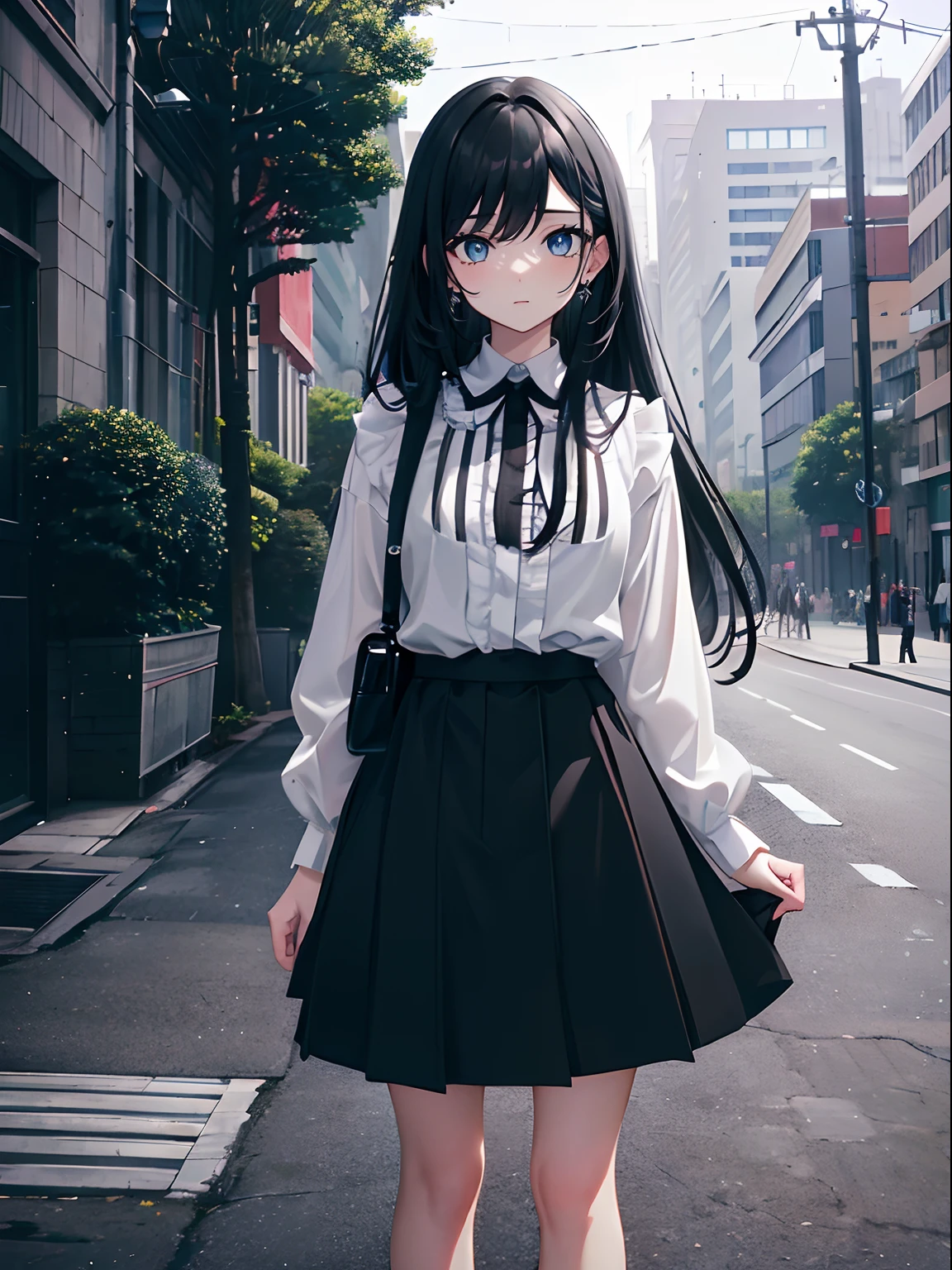 (masterpiece,best quality,ultra-detailed),1girl,long hair,black hair, black striped skirt,black blouse,((grey theme)),((pastel colours theme)),in a park,sidewalk