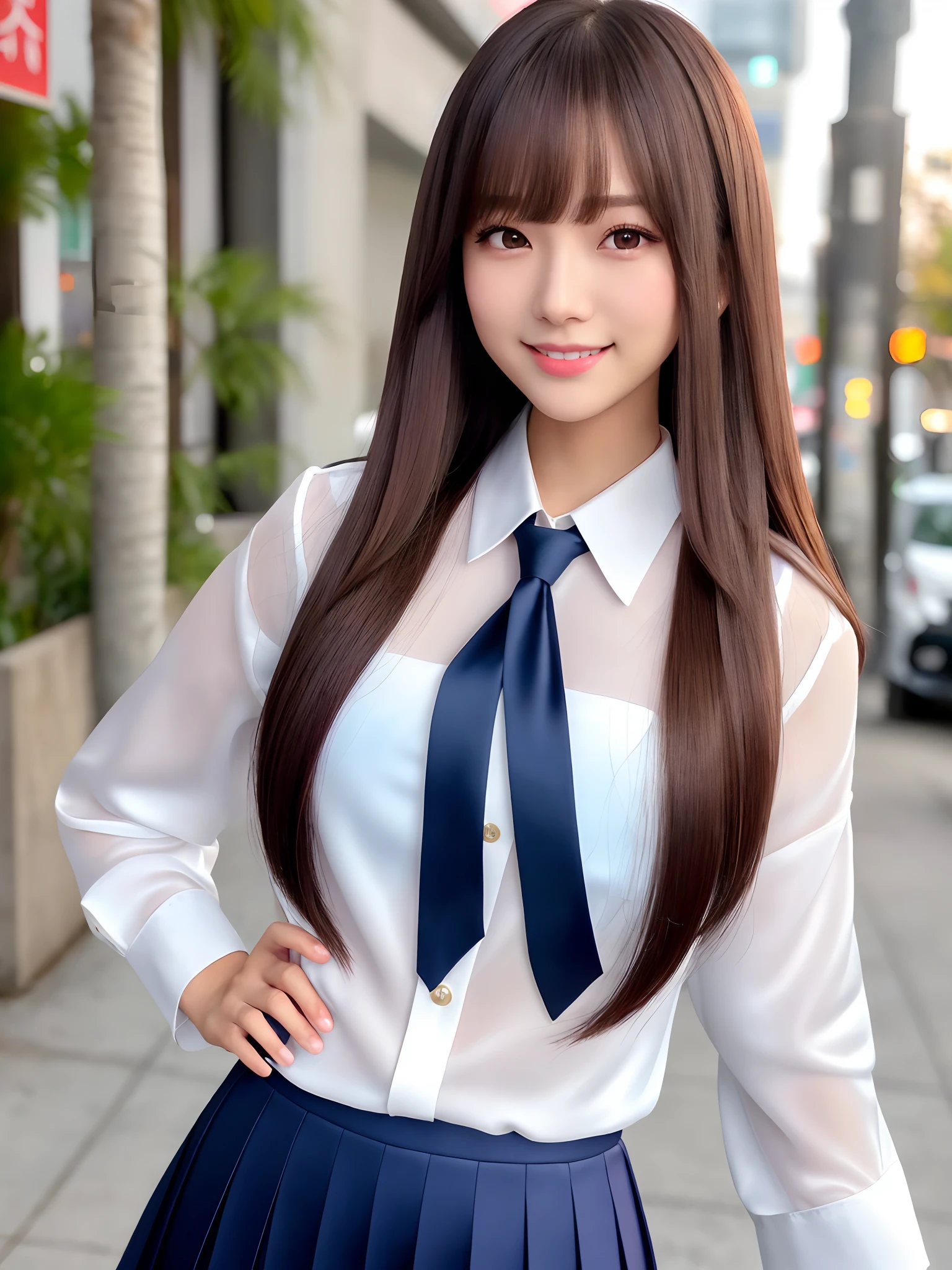 product quality, 1girl, upper body shot, front view, a Japanese young pretty woman, long bob hair, standing with a big smile on a crowded sidewalk in the night, a school bag over her shoulder, glamorous figure, wearing a long sleeve white collared silky satin shirt with shiny satin dark blue plain long tie, wearing a dark blue pleated long skirt, hyper cute face, glossy lips, double eyelids in both eyes, natural makeup, long eyelashes, shiny smooth light brown long bob hair, asymmetrical bangs, a tanned skin, central image, high resolution, high detail, detailed hairstyle, detailed face, spectacular cinematic lighting, octane rendering, vibrant, hyper realistic, perfect limbs, perfect anatomy