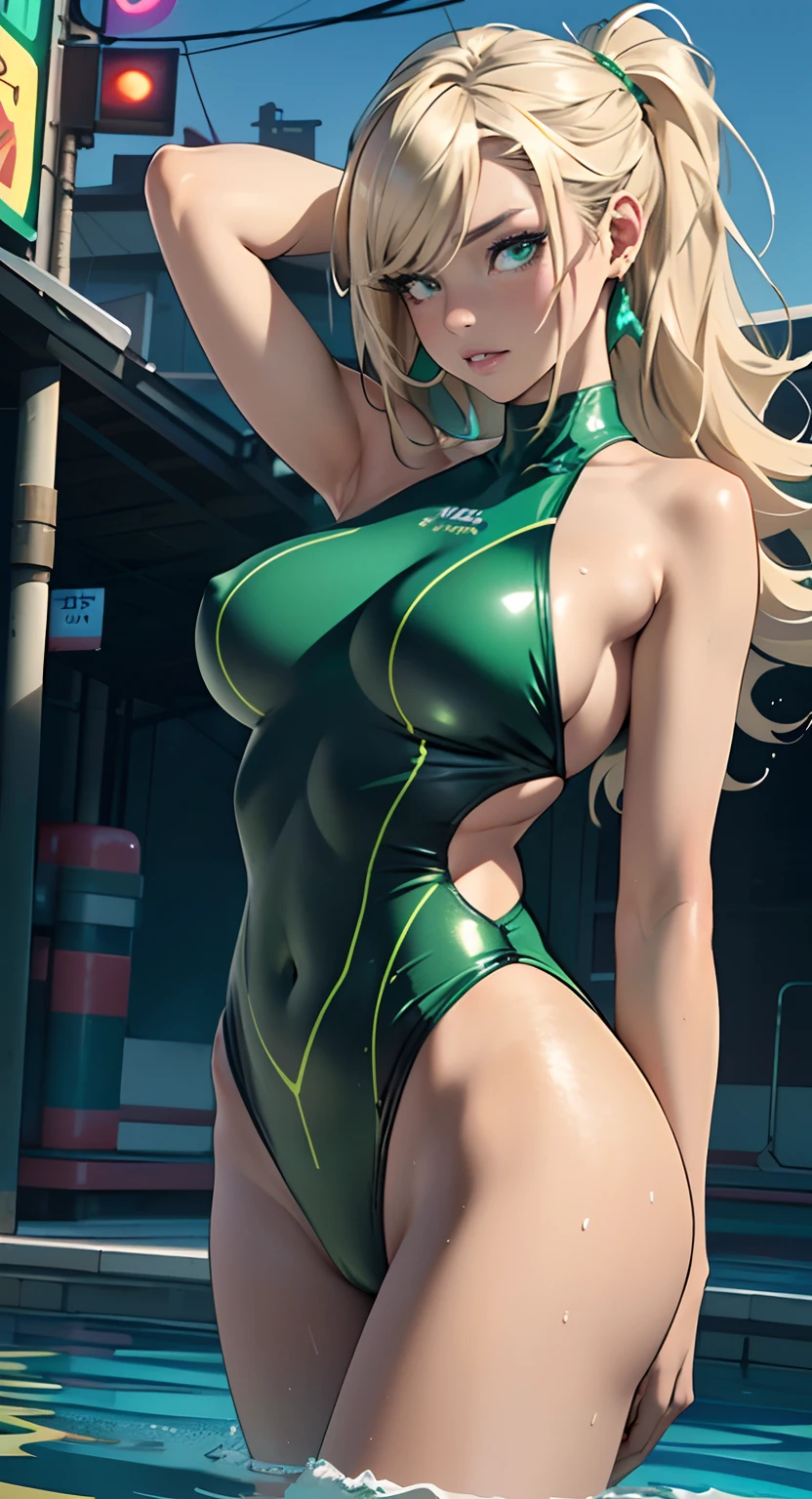 Female swimmers,()), (((, identical girls,lesbian,lesbian,Yuri,huging))),
Poolside in summer、Sunflowers、
(Large breasts:1.4),,(((very light blonde hair:1.35,Straight hair,poneyTail、Long hair:1.4,Colored inner hair,Ear breathing))),((Heterochromia:1.5,Eye 1 Blue,Eye 2 Green,intricate eyes,Beautiful detailed eyes,Neon colored eyes:1.5,Glowing eyes,Symmetrical eyes)),((Fat)),(((Lustrous skin:1.5,bright skin: 1.5,skin tanned,Shiny skin,Very shiny skin,Shiny body,plastic glitter skin,exaggerated shiny skin,Illuminated skin, Wet legs))),(spider lower abdomen,Narrow waist,wide-hips,athletic bodies,inflated legs,delicate detailed fingers,Detailed body,Human Hands,(Detailed face)),
Cute,sluttish,Seductive,Erotic,(((NSFW))),
((Swimsuit Green,Wearing a dress_Swimsuit Costumes:1.3,green swimwear:1.3)),((Wet clothes,complex costume,intricate clothing)),
(Dynamic Pose:1.0),embarrassed,(Centered,scale to fit the dimensions,thirds rule),
Cyberpunk city by the sea at night, Bright neon sign and dark storm clouds and puddles,
hight resolution, Sharp Focus, (ultra-detailliert, Extremely detailed), (Photorealistic artwork:1.37),(the Extremely Detailed CG Unity 8K Wallpapers),((Synthwave Background Theme)),(((Vibrant colors))),(Convoluted),(masutepiece),(Best Quality),Synthwave Neon Color,