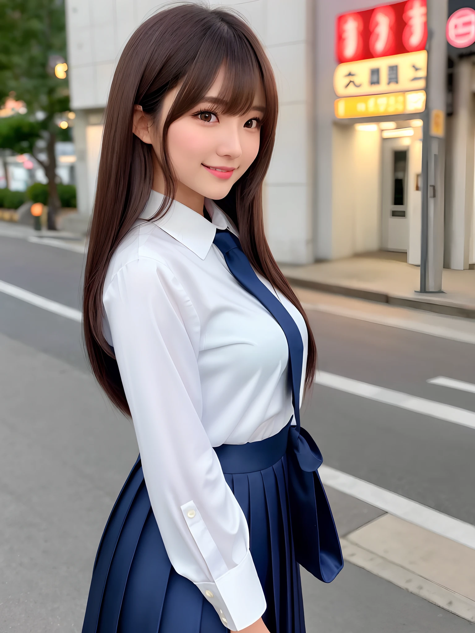 product quality, 1girl, upper body shot, front view, a Japanese young pretty woman, long bob hair, standing with a big smile on a crowded sidewalk in the night, a school bag over her shoulder, glamorous figure, wearing a long sleeve white collared silky satin shirt with shiny satin dark blue plain long tie, wearing a dark blue pleated long skirt, hyper cute face, glossy lips, double eyelids in both eyes, natural makeup, long eyelashes, shiny smooth light brown long bob hair, asymmetrical bangs, a tanned skin, central image, high resolution, high detail, detailed hairstyle, detailed face, spectacular cinematic lighting, octane rendering, vibrant, hyper realistic, perfect limbs, perfect anatomy