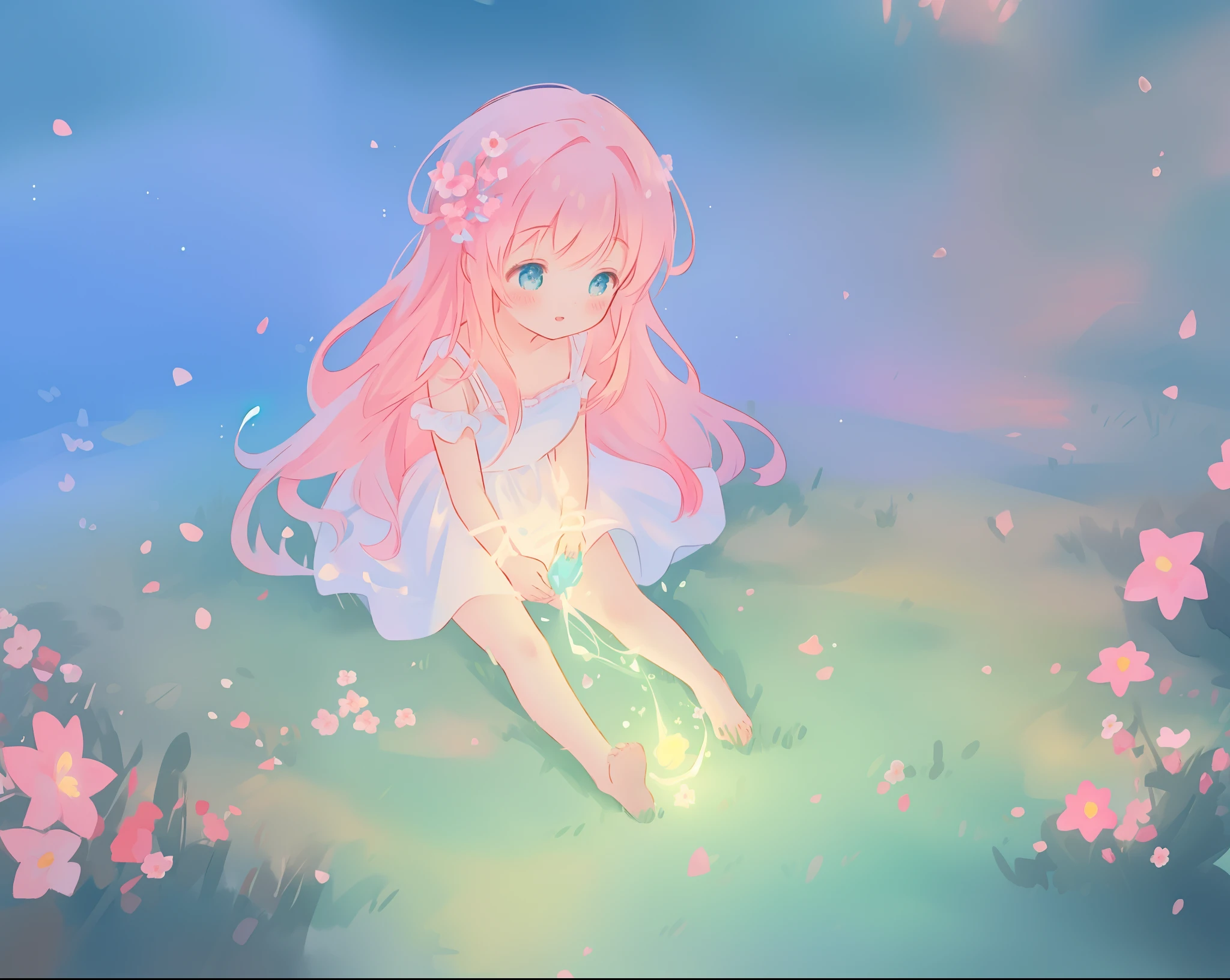 beautiful girl in white dress, fairy dress, beautiful girl sitting in a field with pink red flowers, glowing lights, whimsical landscape, long pink flowing hair, watercolor illustration, inspired by Glen Keane, inspired by Lois van Baarle, disney art style, by Lois van Baarle, glowing aura around her, by Glen Keane, jen bartel, glowing lights! digital painting, flowing glowing hair, glowing flowing hair, beautiful digital illustration, fantasia otherworldly landscape plants flowers, beautiful, masterpiece, best quality, anime disney style