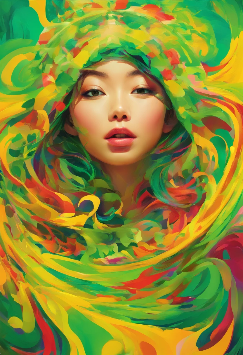 ((premier quality, 8k)), (Realstic), (Mise au point sur le visage: 1.1), (vert et jaune: 1.3), fille asiatique, cheveux long, Body from the waist down, cheveux flottant dans le vent, Side to side, Regardez votre visage, les yeux mis ermee , (sans manches: 1.1), jupe, D bonnet seins, Countless