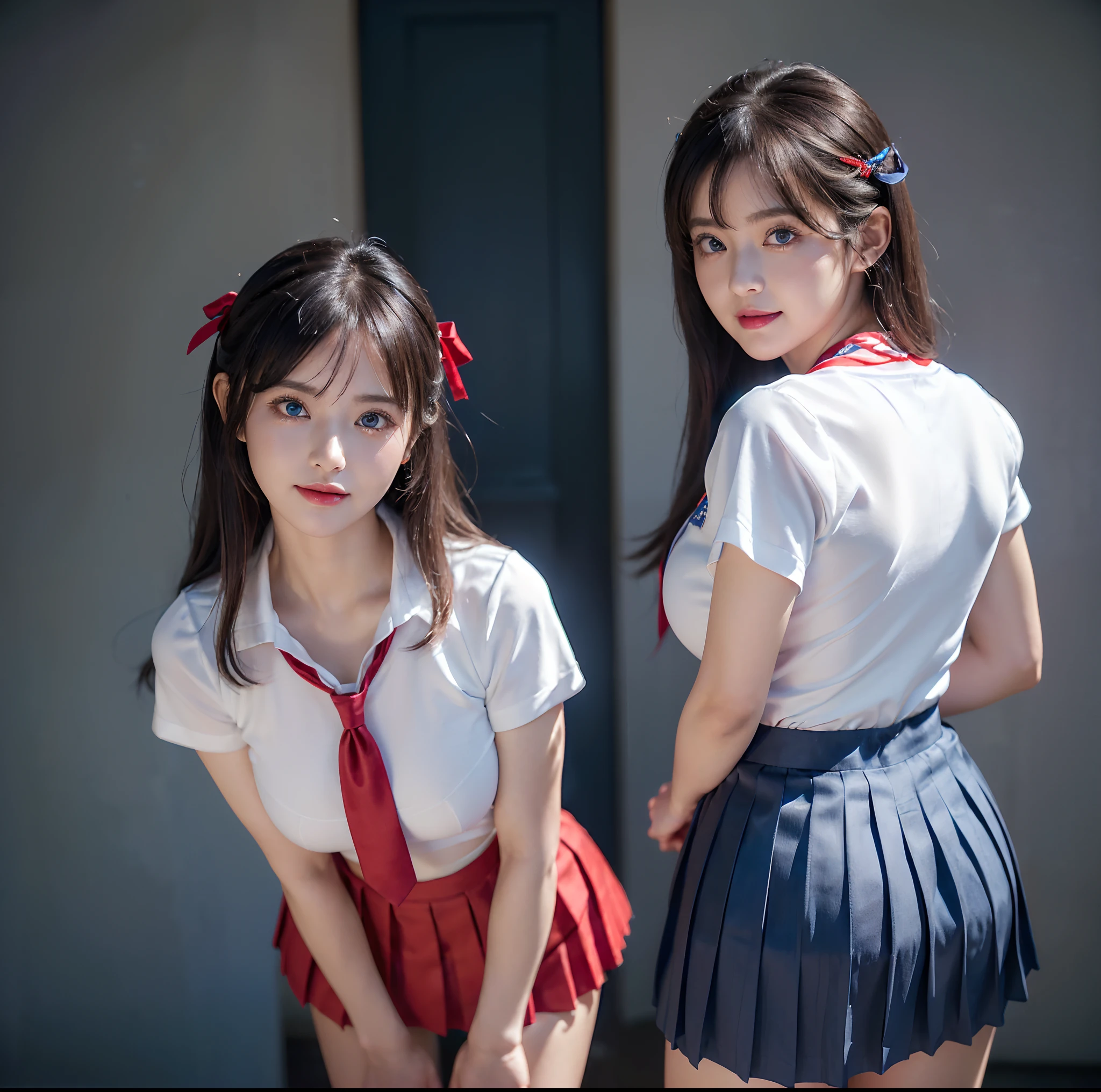 Anime girl in shorts (pleated yoke skirt), red and black clothes, white-red hair color, Twin-Tail, with beautiful inscriptions on the wall (Background). 2D wallpapers: girl in full height from below.