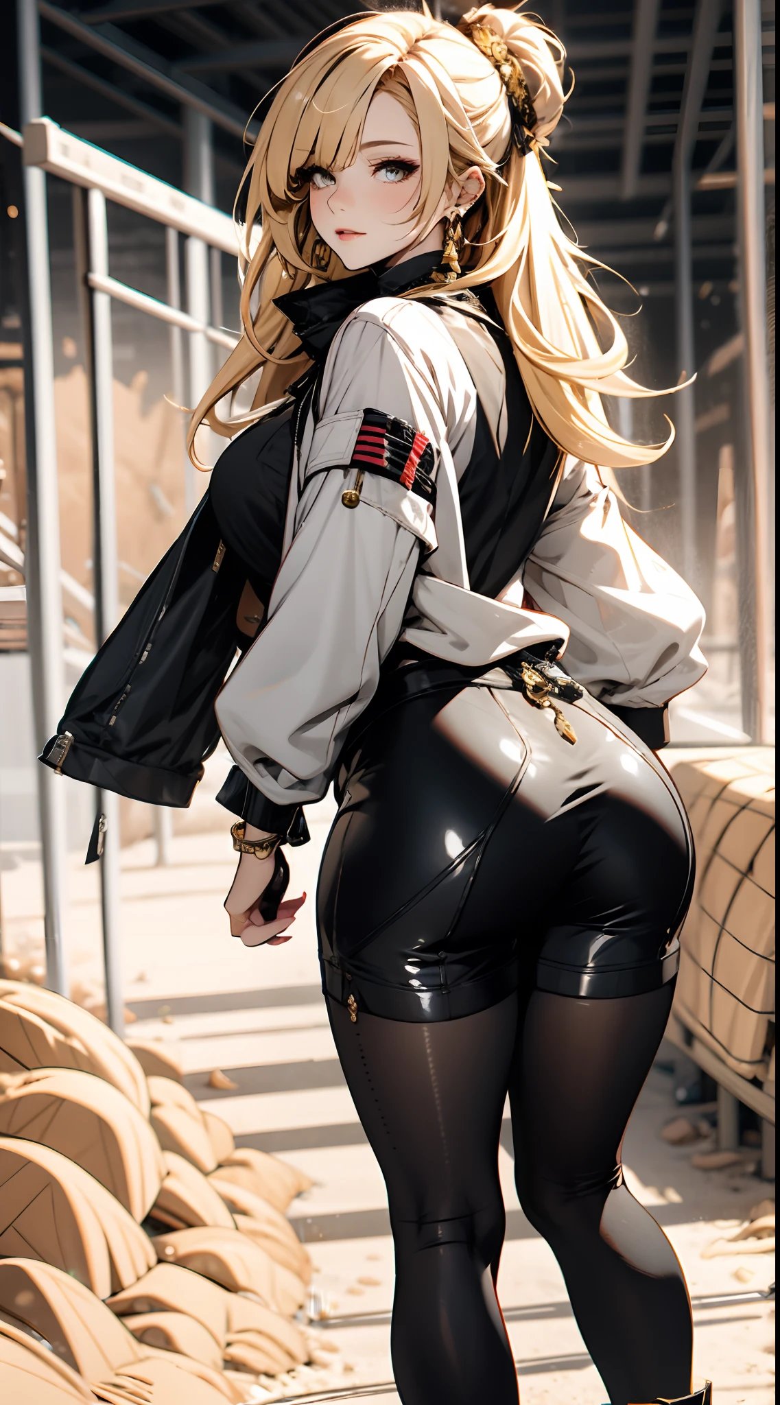 ((in a desert:1.5)), a matured woman with long hair and a white outfit, (resting in oasis:1.2, at lakeside:1.2, sitting:0.0), Arabic, (Post apocalyptic:0.0), from arknights, artwork in the style of guweiz, bodyesbian, fine details. girls frontline, beautiful anime illustration, from girls frontline, by Yang J, stunning, 26 years old, (solo:1.5), (sfw:1.25), sagging breast, large breasts, big tits, thin waist, big ass, Raised sexy, (dark mahogany medium long hair, updo, hair over one eye, asymmetric hair, Carly hair, low tied),(musulman, Headscarfs, hair bands, head vandage, Turban), (ultra high resolution, 8K RAW photo, photo realistics, weak outline:1.3, clear focus), best qualtiy, natural lighting, blurry back ground, field depth, (Bright pupils, detailed beautiful eyes, high detailed face), Red lip, looking at viewers, (tight focus:1.2, from above), sexy posing, seductive weak smiling, center image, (wearing white long jacket and clothes, wearing short pants, gold ornaments, white clothes rolling around waist, camel-brown long leather boots, translucent lace pantyhose), ((correct anatomy:1.5)), ((outdoor:1.2)),