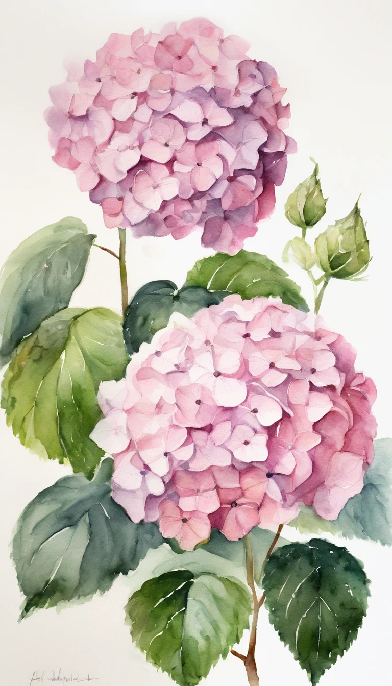 blush pink of 2 hydrangea, white background, minimalistic art