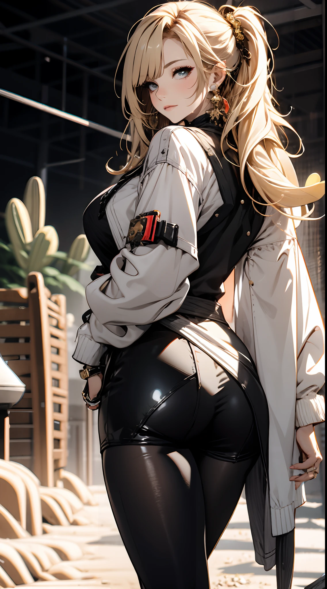 ((in a desert:1.5)), a matured woman with long hair and a white outfit, (resting in oasis:1.2, at lakeside:1.2, sitting:0.0), Arabic, (Post apocalyptic:0.0), from arknights, artwork in the style of guweiz, bodyesbian, fine details. girls frontline, beautiful anime illustration, from girls frontline, by Yang J, stunning, 26 years old, (solo:1.5), (sfw:1.25), sagging breast, large breasts, big tits, thin waist, big ass, Raised sexy, (dark mahogany medium long hair, updo, hair over one eye, asymmetric hair, Carly hair, low tied),(musulman, Headscarfs, hair bands, head vandage, Turban), (ultra high resolution, 8K RAW photo, photo realistics, weak outline:1.3, clear focus), best qualtiy, natural lighting, blurry back ground, field depth, (Bright pupils, detailed beautiful eyes, high detailed face), Red lip, looking at viewers, (tight focus:1.2, from above), sexy posing, seductive weak smiling, center image, (wearing white long jacket and clothes, wearing short pants, gold ornaments, white clothes rolling around waist, camel-brown long leather boots, translucent lace pantyhose), ((correct anatomy:1.5)), ((outdoor:1.2)),