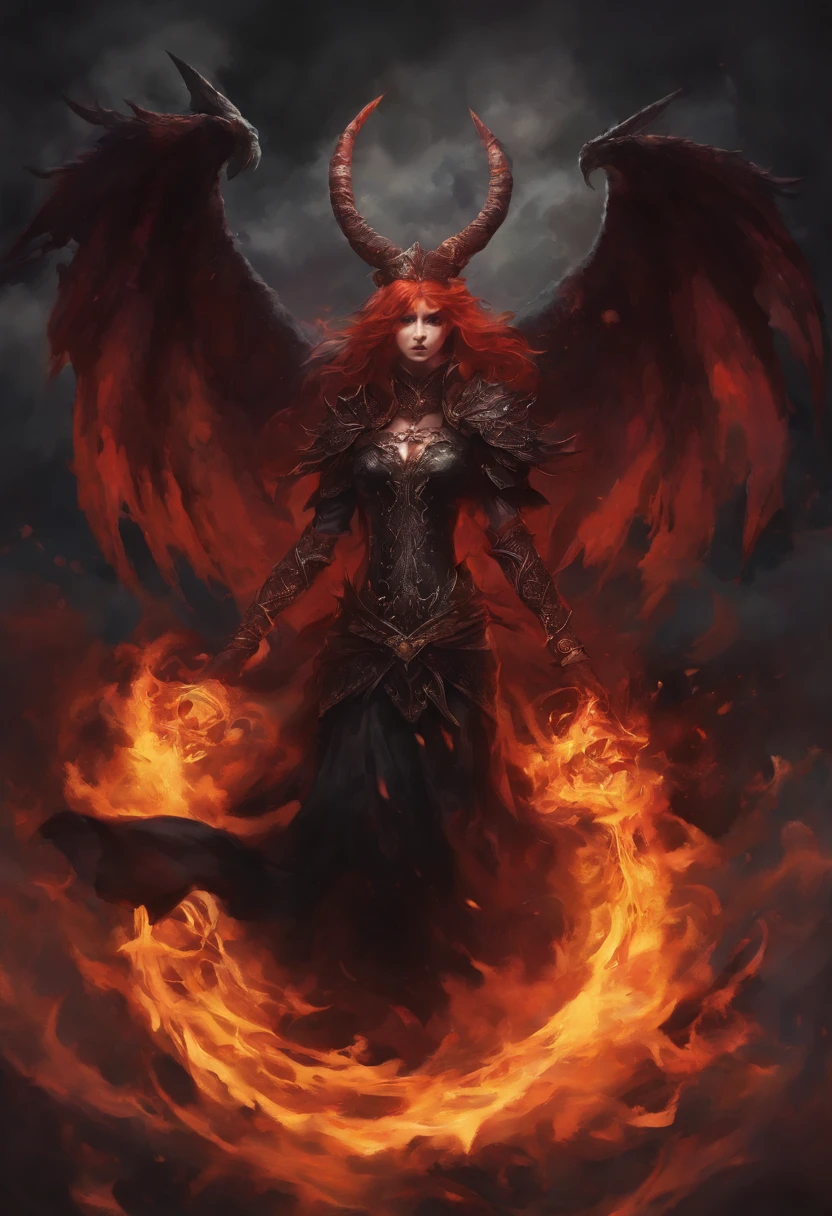 Servant of the Demons, A dark wizard in a fiery red robe, With long black hair and horns on his head, he fell on one knee near the throne of the demon lord, Flames swirl around
