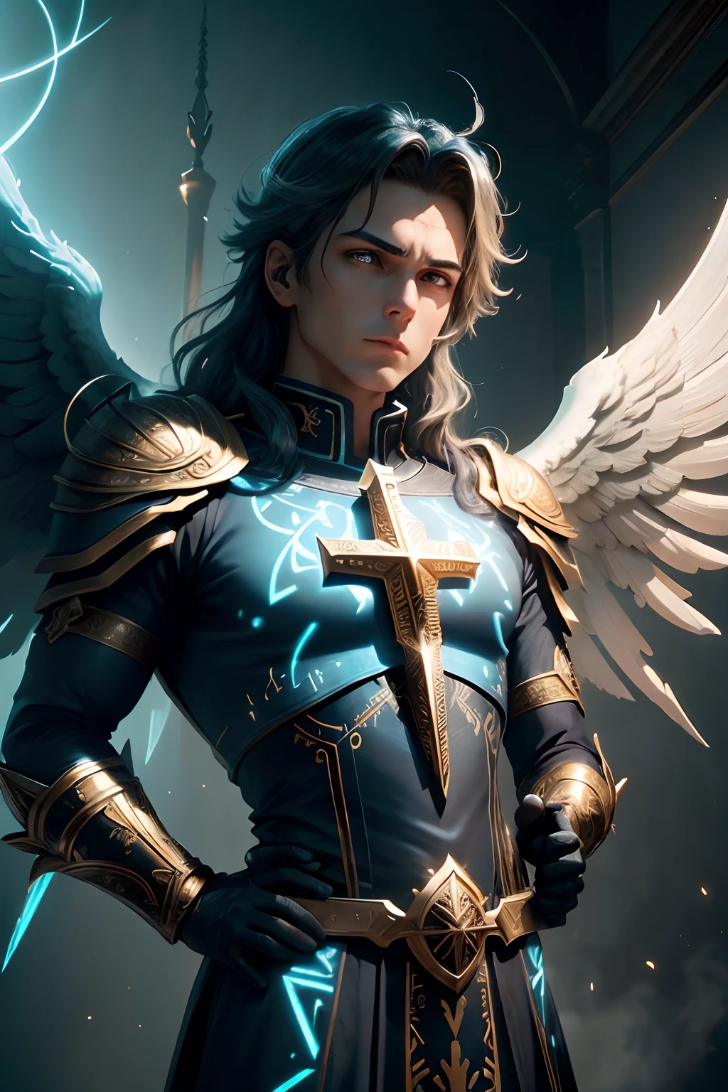 (((St. Michael the Archangel.))) ((( With a serious face))) (obra prima, qualidade superior, melhor qualidade, Arte Oficial, Beautiful and Aesthetic: 1.2), extremamente detalhado, (Arte Fractal: 1.3), Colouring, mais alto detalhado, rosto perfeito, parte superior do corpo, HDR, (Rezando: 1.3), (Trilhas luminosas: 1.2), Cores vibrantes,