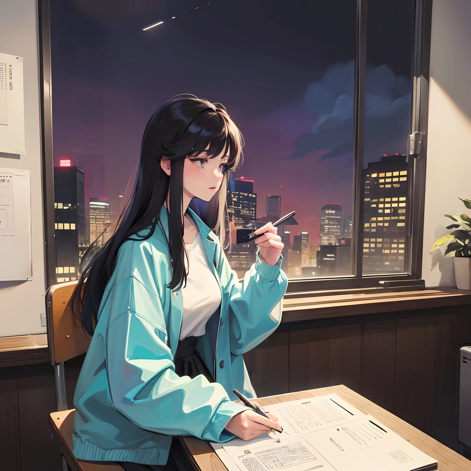 (zero), working in office, mature woman, Profile, night lights, Window of office, Analog Color Theme, large full breasts, Lo-Fi(Lo-Fi), flat, 2.5D ,Draw a line, Ink Drawing, Large gradients, Watercolor painting, Goosch Colors, Studio Ghibli Style, Awesome colorful, Outerwear, Synthwave, lofi art,90s style,Old texture, amplitude,90s vibe, masutepiece, Huge technology, Blackhead, Scenery of Korea, a beautiful woman, long hair, Office Landscape, Sitting in a chair and working, View Notebooks, night scene, Dark Night, clothed, Rainy Night, OfficeLook, Detail