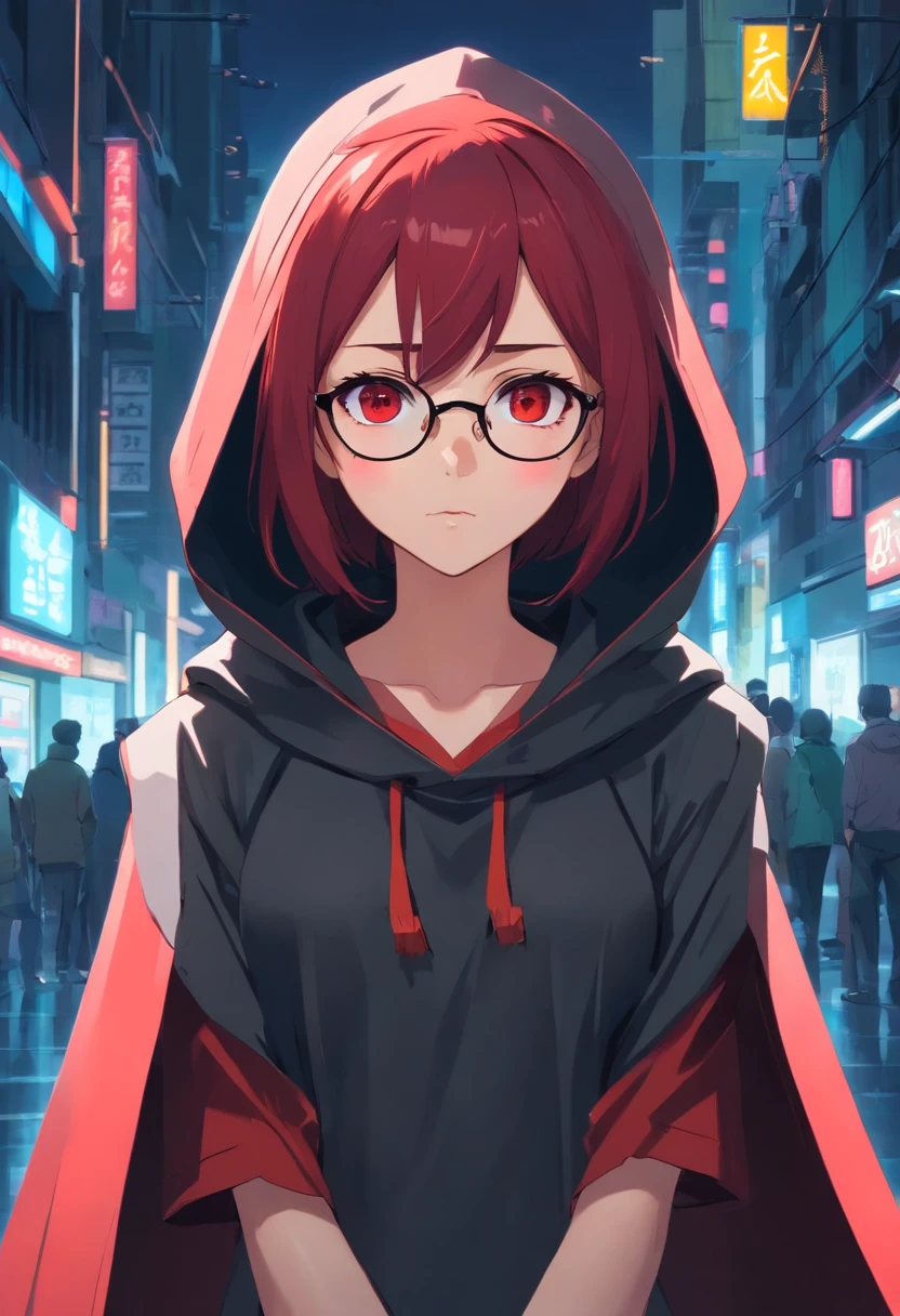 esthetic, young woman, Crimson red hair, crimson red left eye, esthetic prosthetic robotic eye, Robotic arm, Technopriest, BLACK CAPE AND HOOD, Glasses, sharp face, Casual clothes, Teenager, Bored look, Metal staff. background of dark laboratory