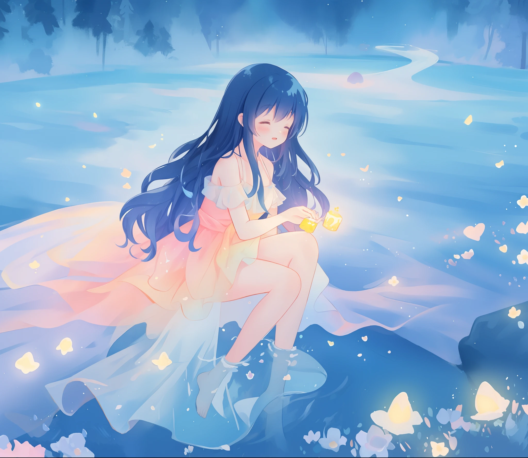 beautiful  girl covered by seafoam, long dark hair, beautiful girl sitting in the water, dress made of white seafoam, water nymph, water fairy, watercolor illustration, inspired by Glen Keane, inspired by Lois van Baarle, disney art style, by Lois van Baarle, glowing aura around her, by Glen Keane, jen bartel, glowing lights! digital painting, flowing glowing hair, glowing flowing hair, beautiful digital illustration, fantasia otherworldly landscape plants flowers, beautiful, masterpiece, best quality, anime disney style