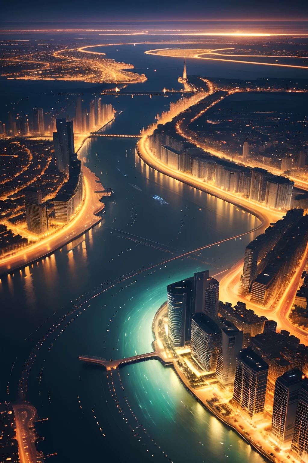 A super technological city with tall buildings, Abaixo d'agua, Buildings illuminated with colored lights, fundo escuro, Underwater view of civilization from above, Ultra realista, Muitos detalhes