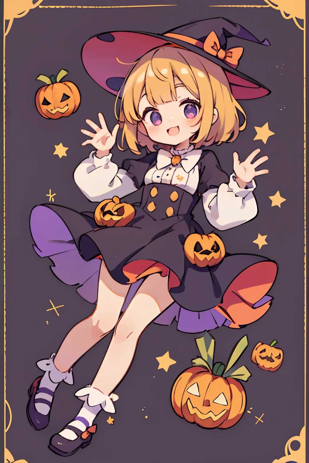 Cute Halloween Theme、full body Esbian、Eye Up、A smile、 Waving hands in a cute pose、Glamorous Hat、Halloween Accessories、Draw clothes buttons and pockets in a Halloween style、Cute shoes、high knee socks、breasts are large、The background is littered with sweets and sweets、Draw a border outward