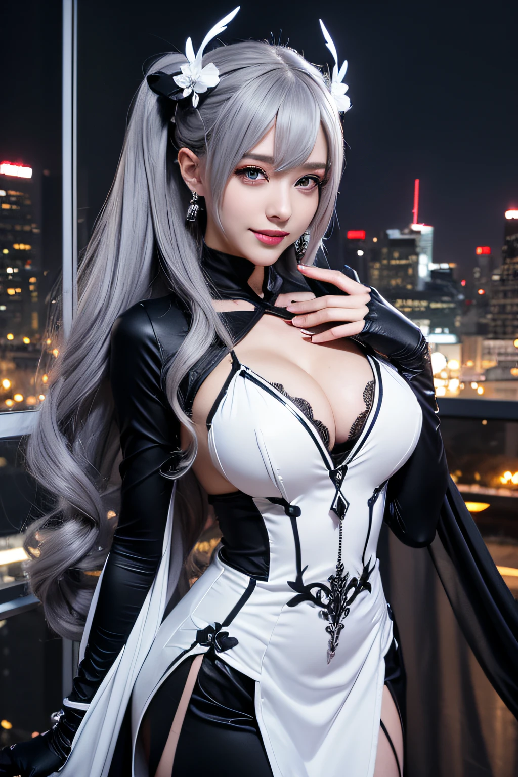 (Realistic painting style:0.9), masutepiece, Best Quality, absurderes, Looking at Viewer, Solo, bronya zaychik (silverwing n-ex), bronya zaychik, Red pupils, 1girl in, Solo, breasts, Long hair, ((Female Keeper Cosplay)), Black and white costume、Grey Hair, cleavage, Looking at Viewer, Smile, Closed mouth, Bangs, grey eyes, Jewelry, single glove, earrings,gloves, Drill Hair, hair between eye, Large breasts, twin drills, White sleeves, Hair Ornament, Single-pole drone, city, Night、Female Keeper Cosplay, Black and white costume、A smile