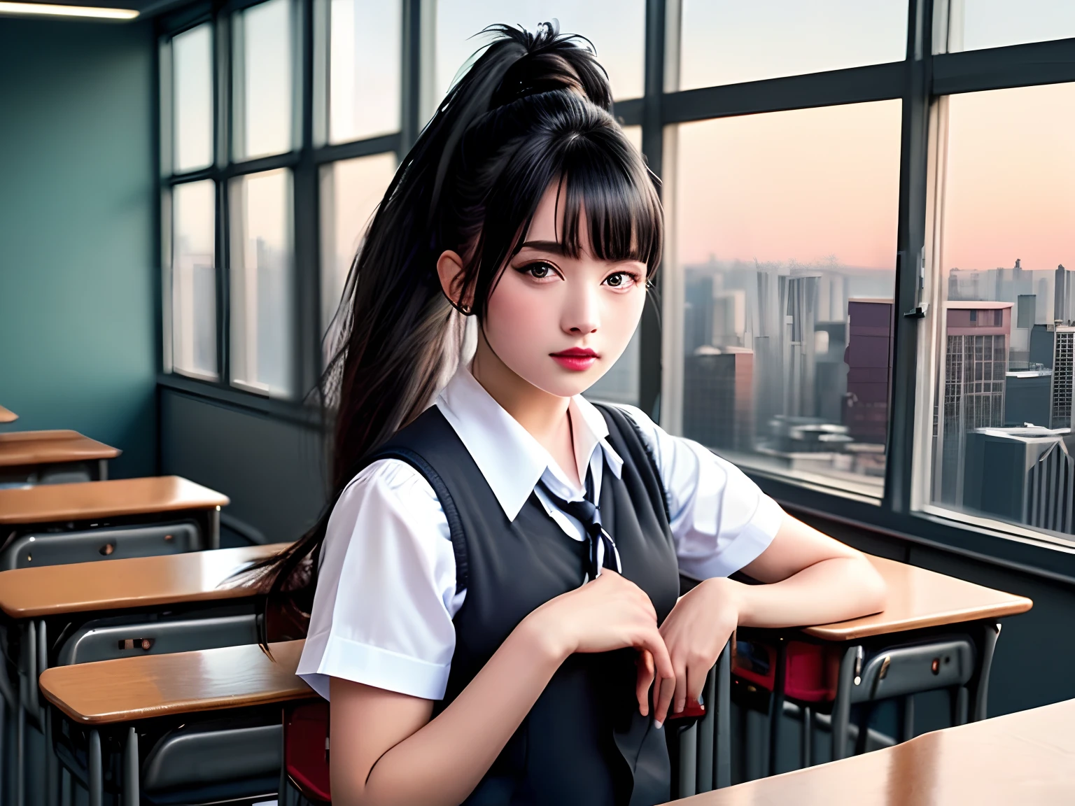 masterpiece, best quality, exceptional, instagram photograph, photorealistic, realistic, 1girl, black hair, high ponytail, wearing a school uniform, in a classroom, cityscape from the window, looking at viewer, 8k beautiful eyes, waifu, beautiful face