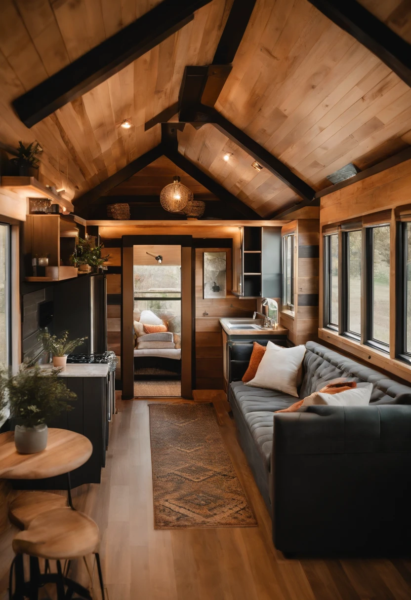 Tiny house inside, interior design idea, l sofa, tv, kitchen with breakfast bar, clearly divide areas, great textures and beautiful light entry by the windows