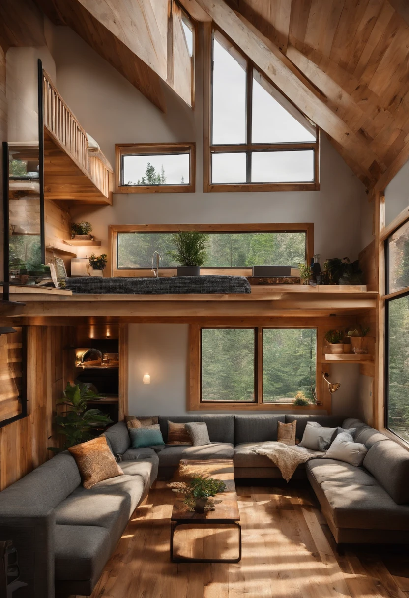 Tiny house inside, interior design idea, l sofa, tv, kitchen with breakfast bar, clearly divide areas, great textures and beautiful light entry by the windows