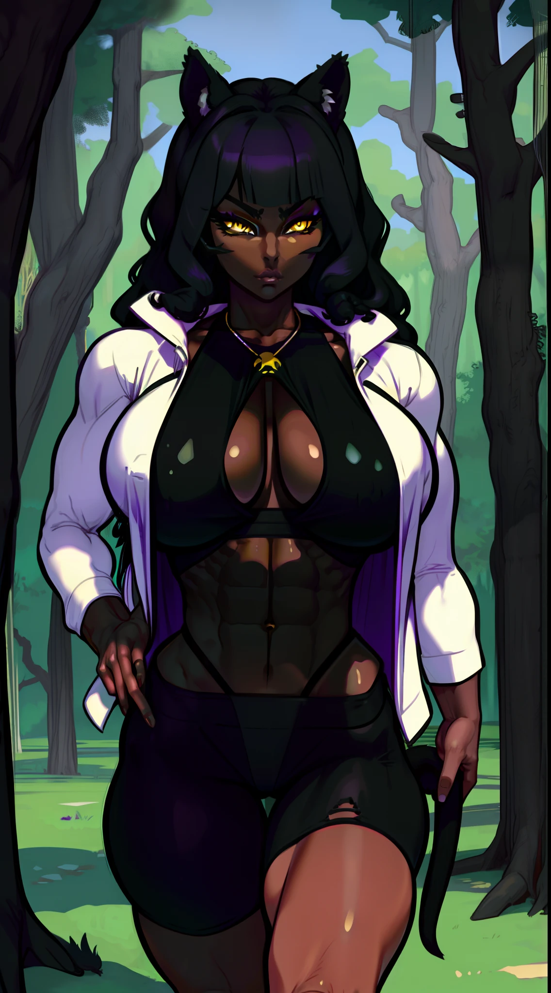 muscular ebony skinned blake belladonna with large breasts in a martial artist combat pose while being in a forest, animal ears, ((very dark-skinned belladonna:1.4)), halterneck, with long black hair and cat ears, female, bangs, (yellow eyes:1.3), saiyaness, saiyan, ((monkey tail for belladonna)), monkey tail wrapped around waist, wearing white jacket, open clothes, exposed midriff, midriff, black halterneck, wearing black shorts, purple thong, soft lineart, cowboy shot.
