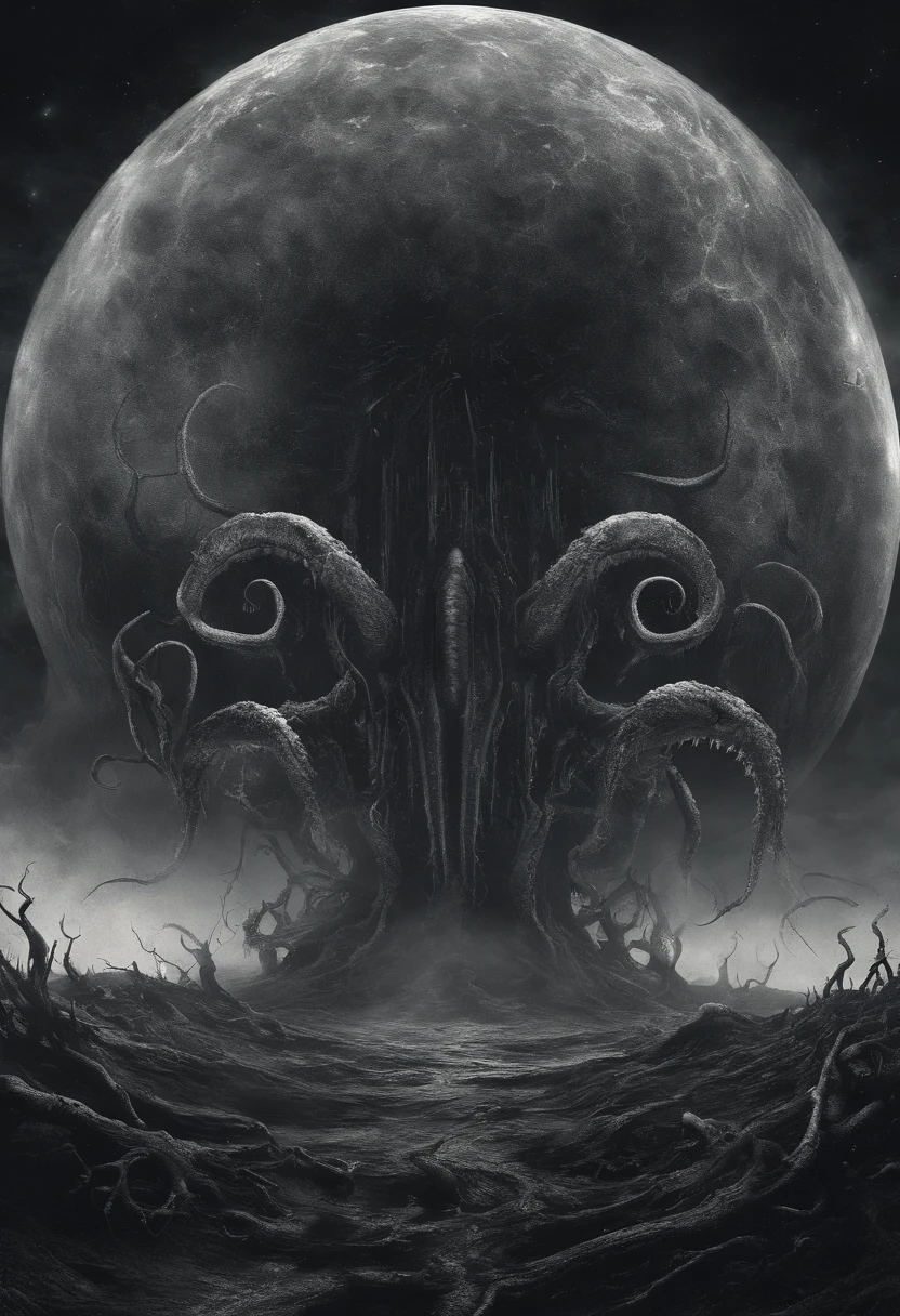 There is a planet in the middle, tentacles in universe, lovecraftian inspiration, Lovecraftian cosmic fear, lovecraftian hellscape, fantasy and cosmic horror movie, Lovecraftian atmosphere, lovecraftian, a planet in open space, no people