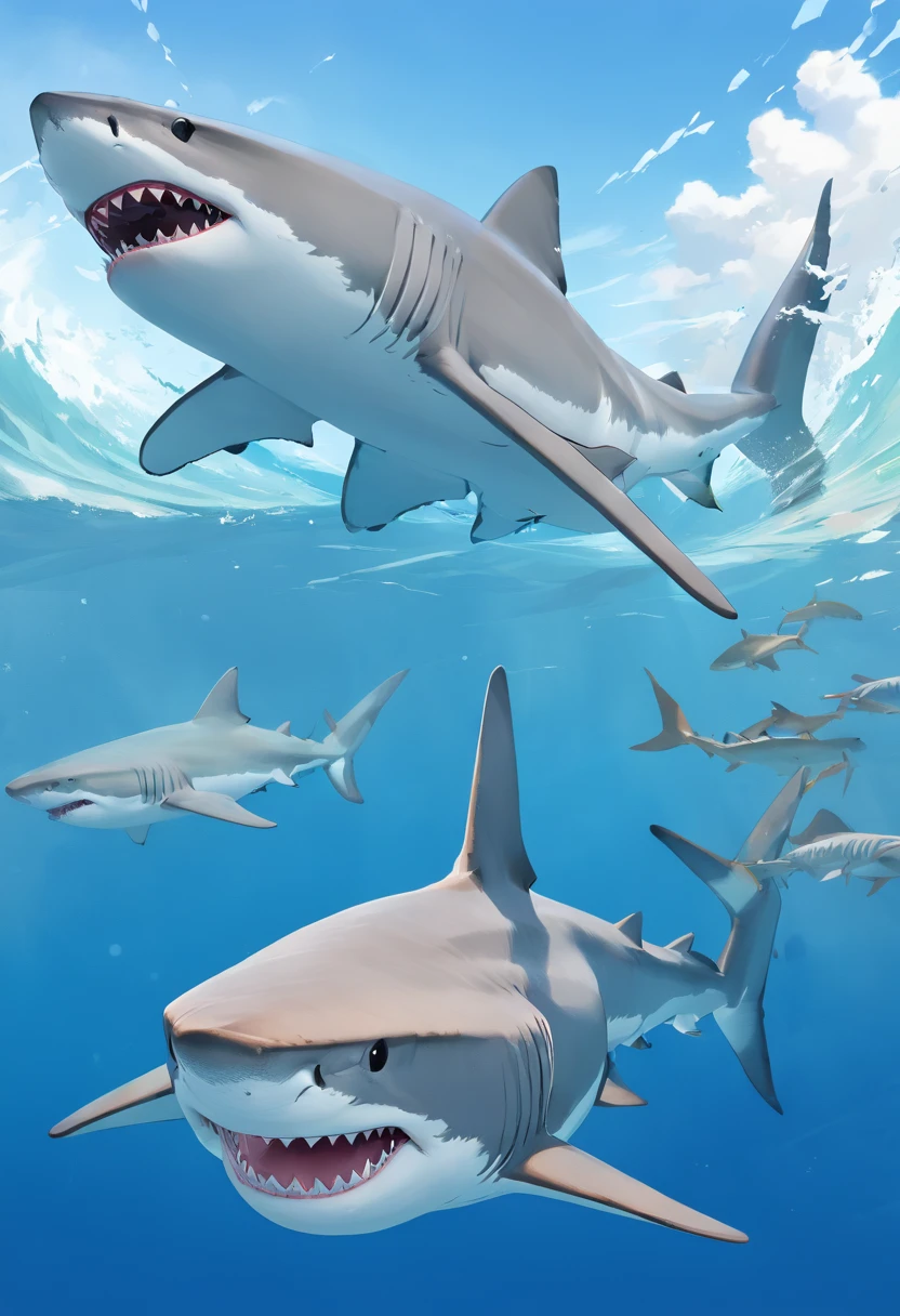 Tiger shark,, vectorial, Quad view,white backgrounid