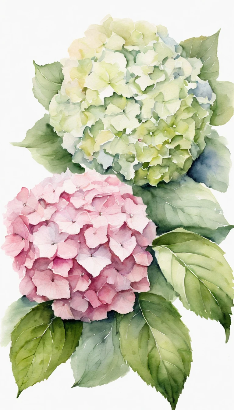 blush pink of 2 hydrangea, white background, masterpiece