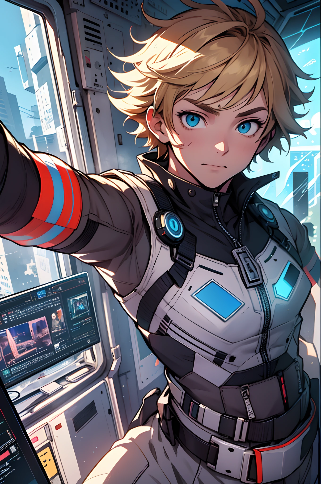 In the vibrant realm of anime aesthetics, behold a chibi-style, chestnut-haired lad! His gaze fixates in wonder upon the high-tech control panel suspended in the air, the entire scene perfectly framed in a 16:9 spectacle. The image exudes a futuristic vibe, as if he's on the brink of embarking on a technological odyssey. With eyes full of curiosity, he radiates an anticipation of crafting digital wonders, promising a magical journey through the world of animated marvels --auto --s2