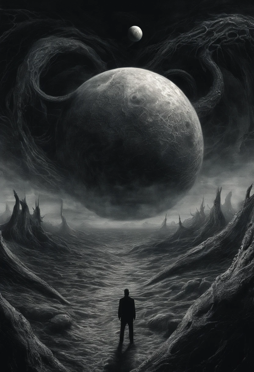 There is a planet in the middle, tentacles in universe, lovecraftian inspiration, Lovecraftian cosmic fear, lovecraftian hellscape, fantasy and cosmic horror movie, Lovecraftian atmosphere, lovecraftian, a planet in open space