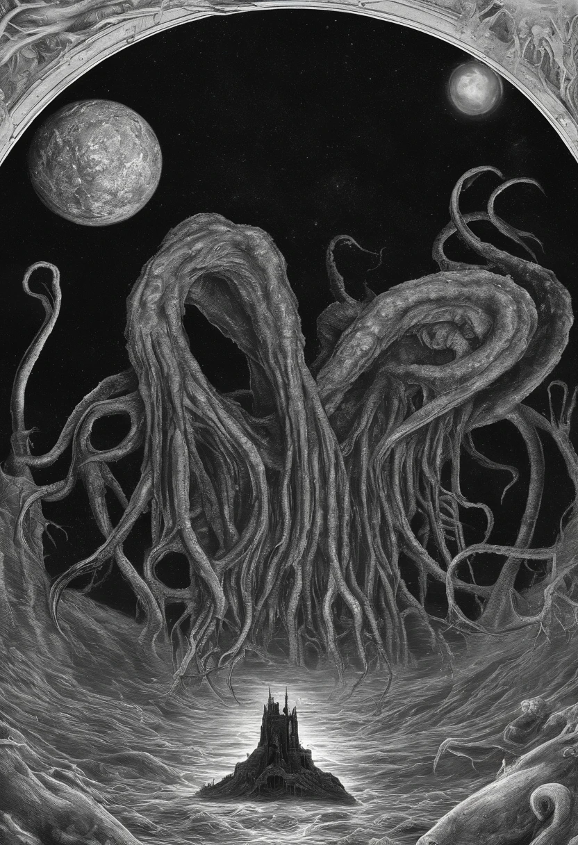 There is a planet in the middle, tentacles in universe, lovecraftian inspiration, Lovecraftian cosmic fear, lovecraftian hellscape, fantasy and cosmic horror movie, Lovecraftian atmosphere, lovecraftian, a planet in open space
