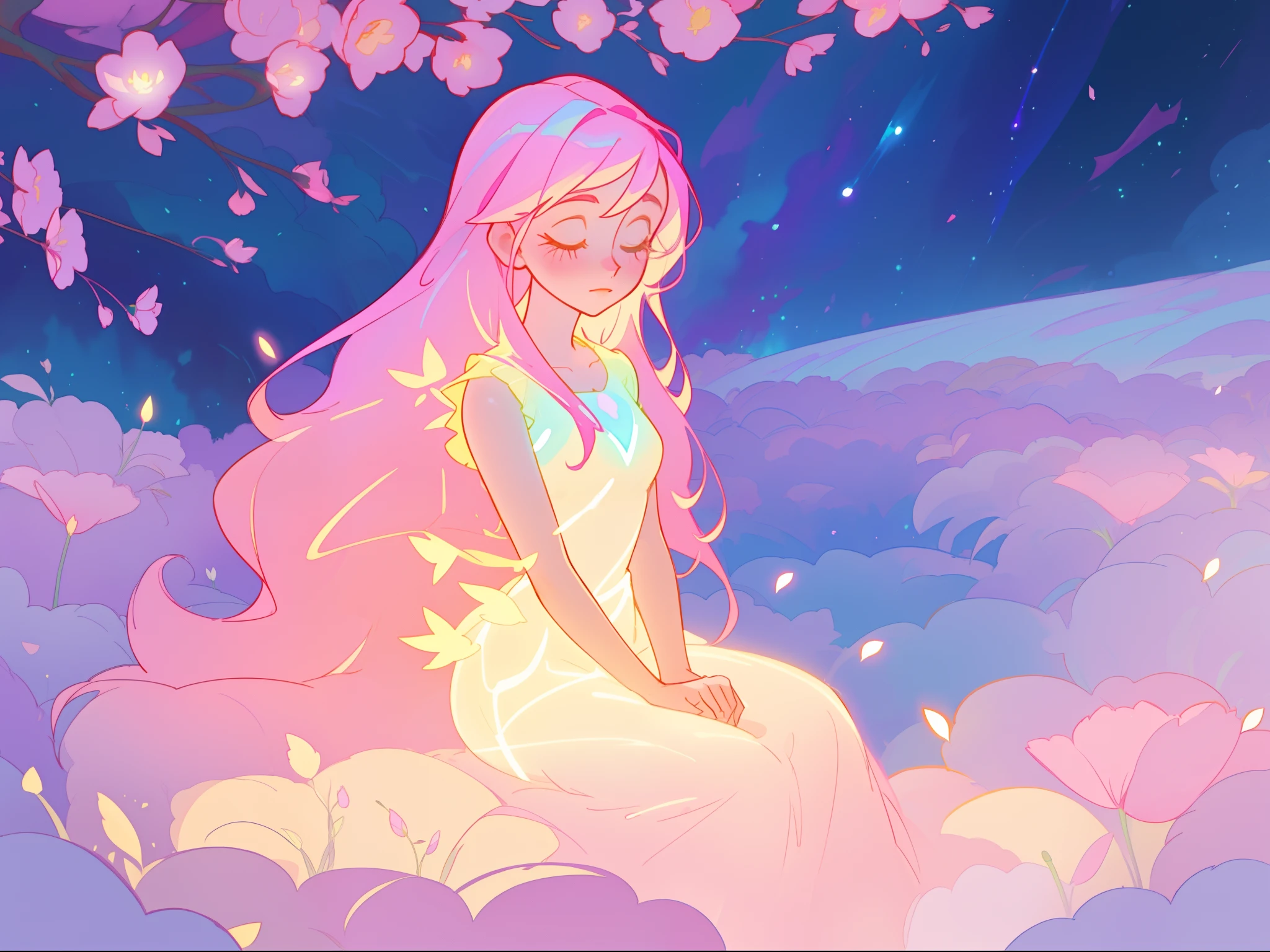 beautiful girl in gradient colorful dress, yellow pink purple fairy dress, beautiful girl sitting in a field with pink red flowers, puffy pink flowers, glowing lights, whimsical landscape, long dark blue flowing hair, watercolor illustration, inspired by Glen Keane, inspired by Lois van Baarle, disney art style, by Lois van Baarle, glowing aura around her, by Glen Keane, jen bartel, glowing lights! digital painting, flowing glowing hair, glowing flowing hair, beautiful digital illustration, fantasia otherworldly landscape plants flowers, beautiful, masterpiece, best quality, anime disney style
