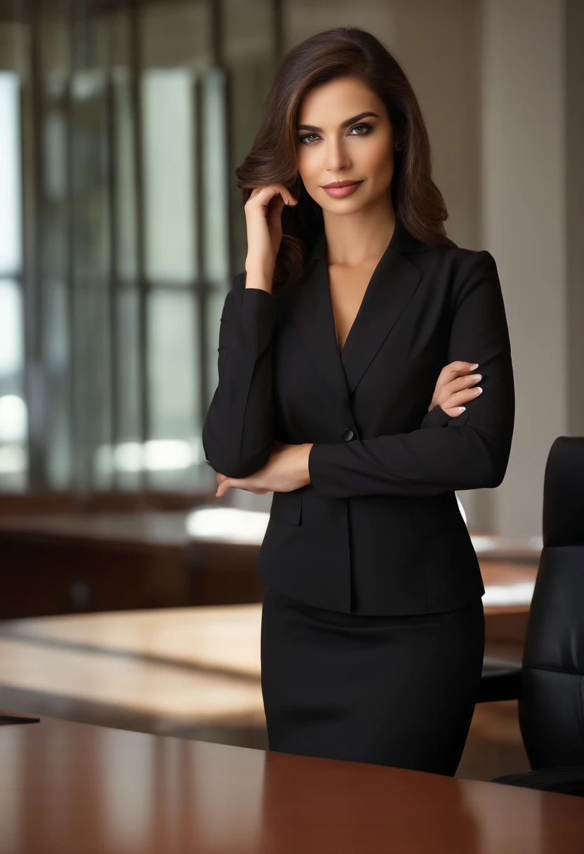 profissional, (10K Photo:1.1), High detail, wearing black business dress, Rosto bonito e detalhado, olhos castanhos claros, dark brown hair not too long, Forma do corpo, office boardroom with work desk, Windows