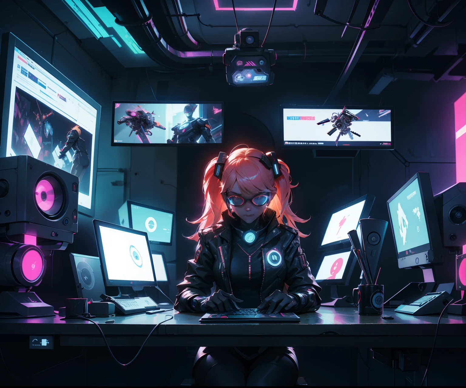 A low-light computer lab,Hay muchos monitores y un teclado, cyber punk setting, cyberpunk setting, cyber led neon lighting, Ciberespacio, cyberpunk with neon lighting, Cybernetic neon lights, in a cyberpunk themed room, Cyberpunk de interior, Pantalla de jugador de escritorio de metal, cyber aesthetic, Cybernetic style, Sci-Fi Computer, Cyber Background, Network installation, Consola y ordenador,Hay drones en lo alto,Un personaje de dibujos animados con gafas de realidad virtual,papel