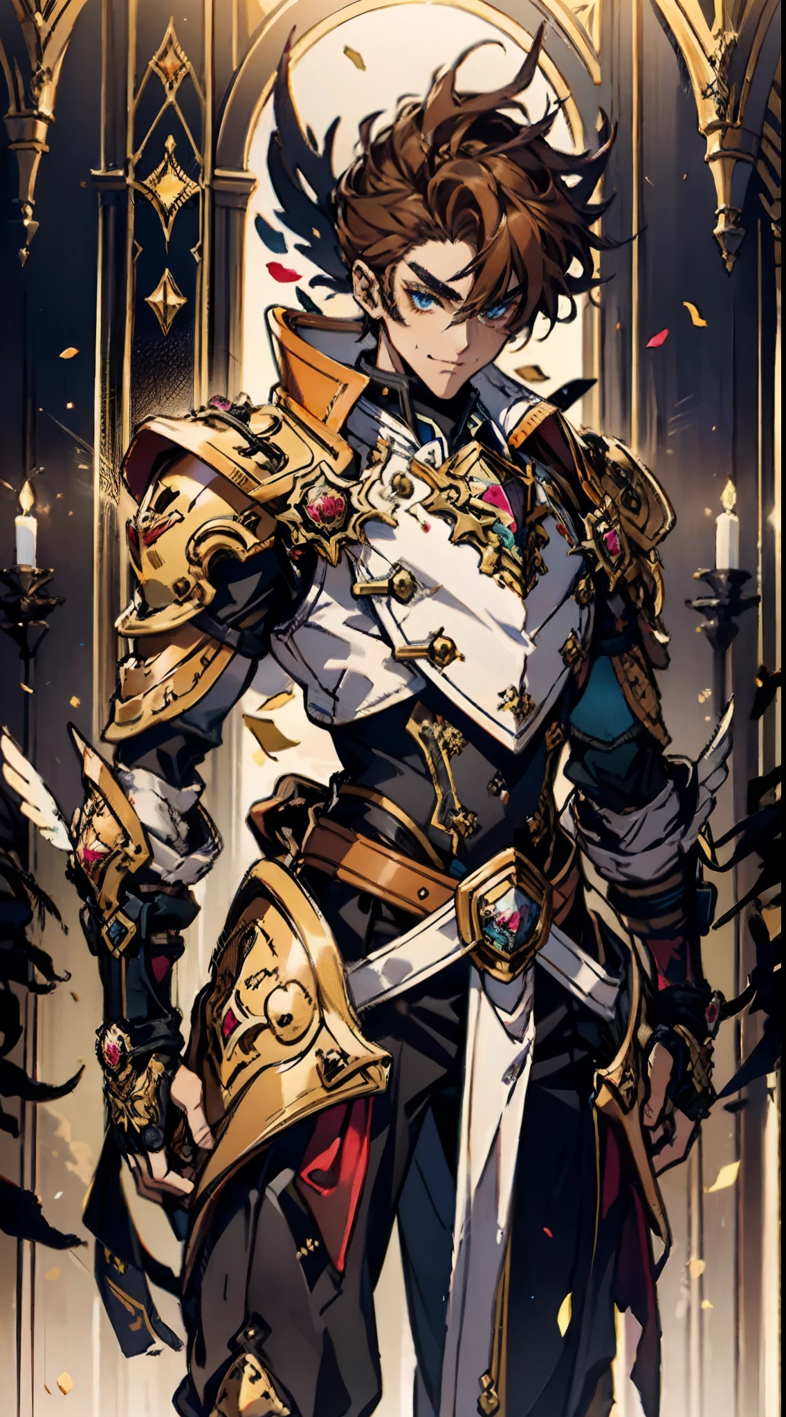 ((A young man:1.2)), short orange-brown hair, a wild hairstyle, knife-like thick eyebrows, bright and spirited big eyes, a fearless expression, a smile at the corner of his mouth, he wears a bizarre fantasy surreal-style chest armor with scales textures, wearing a dark bodysuit underneath, fingerless gloves, a beautifully fur belt around his waist, matching coarse cloth trousers, undaunted and wild posture, the background depicts a torn sky and earth, this character embodies a finely crafted fantasy surreal-style in anime style, characterized by an exquisite and mature manga illustration art style, high definition, best quality, highres, ultra-detailed, ultra-fine painting, extremely delicate, professional, anatomically correct, symmetrical face, extremely detailed eyes and face, high quality eyes, creativity, RAW photo, UHD, 8k, Natural light, cinematic lighting, masterpiece-anatomy-perfect, masterpiece:1.5