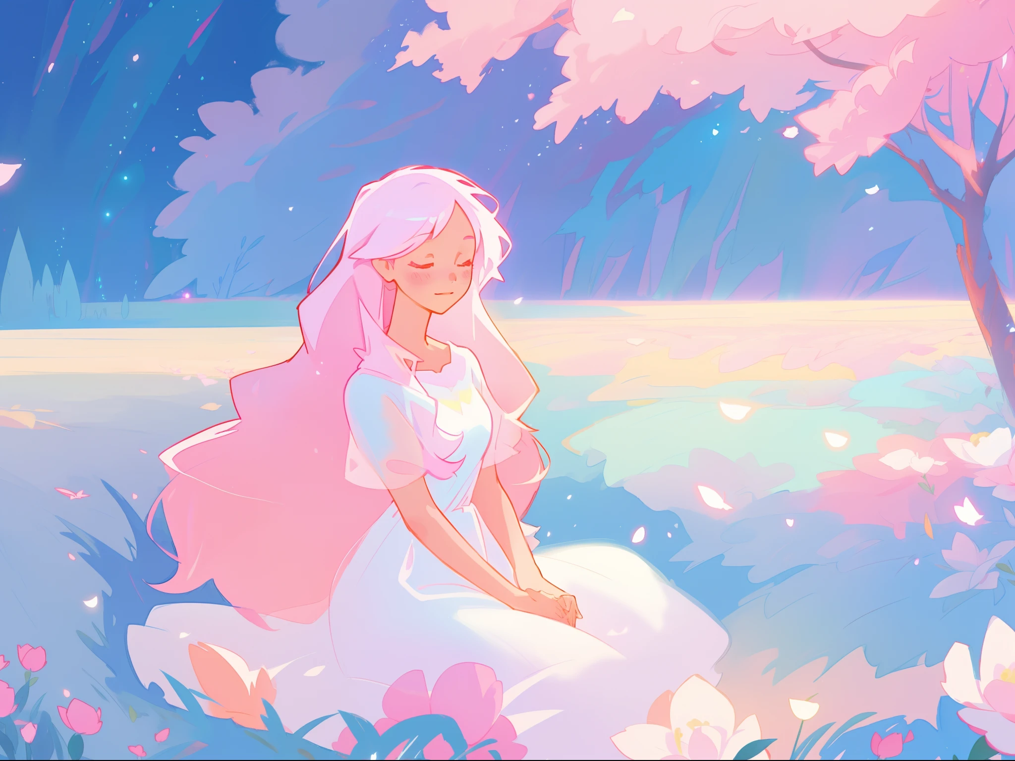 beautiful girl in white dress, fairy dress, beautiful girl sitting in a field with pink red flowers, glowing lights, whimsical landscape, long pink flowing hair, watercolor illustration, inspired by Glen Keane, inspired by Lois van Baarle, disney art style, by Lois van Baarle, glowing aura around her, by Glen Keane, jen bartel, glowing lights! digital painting, flowing glowing hair, glowing flowing hair, beautiful digital illustration, fantasia otherworldly landscape plants flowers, beautiful, masterpiece, best quality, anime disney style