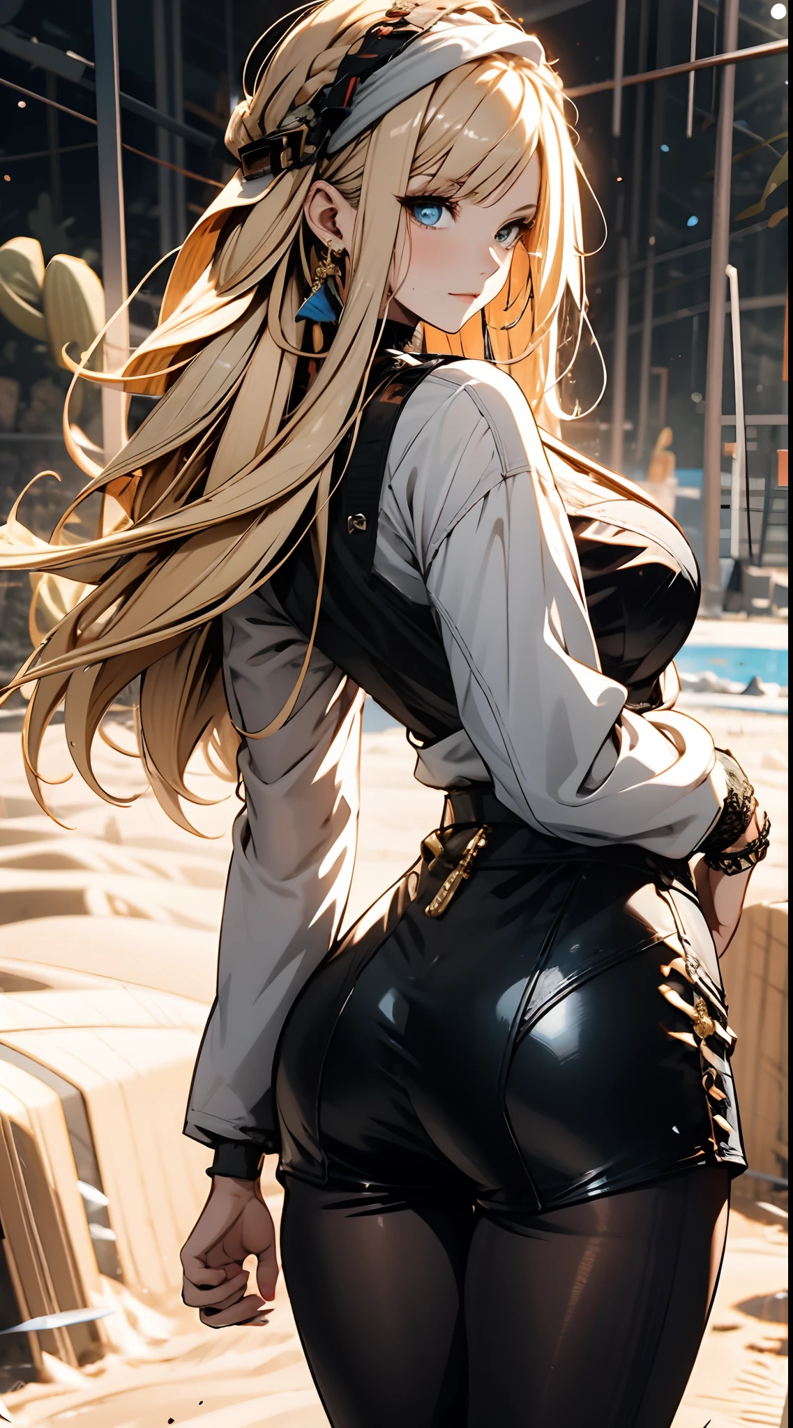 sensual, long blonde hair, thick thighs, 8K, 4K, highest quality, High resolution:1.2), cute milf face, noise reduction, shining blue eyes, gentle smile, kind eyes、toned abdominal muscles, muscular arms, muscular legs,  young face, anime eyes, (((big breasts、Breasts that are about to burst)))、(((Bondage style)))、(((Rear view、Turning around、emphasize the buttocks、T-back that digs into your butt)))