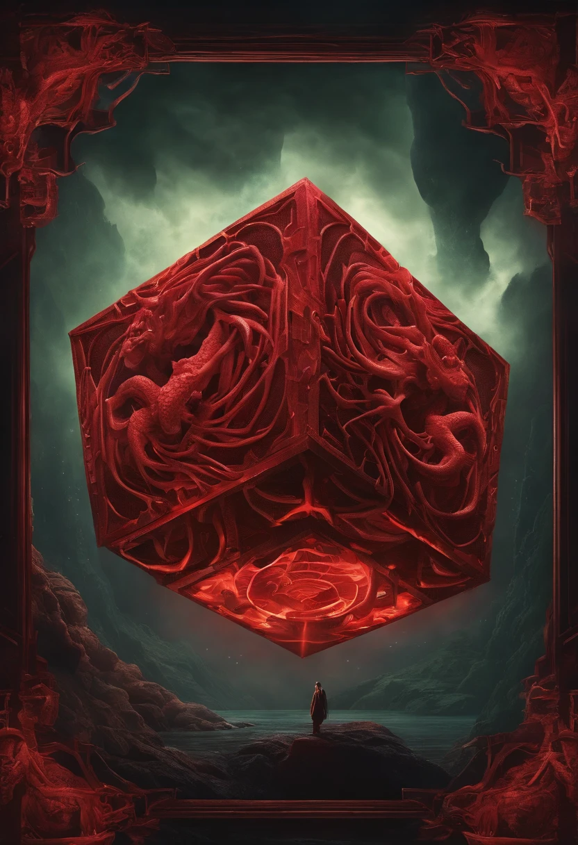a cube-shaped monster, isometric, Cthulhu Mythos,flesh exture, Specialized in surrealism, Futuristic , coral, wizard, abstracted, Dark, Red, hell,