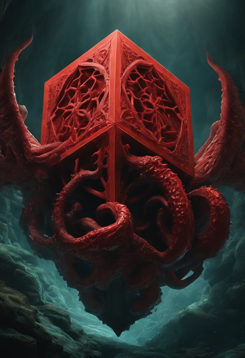 a cube-shaped monster, isometric, Cthulhu Mythos,flesh exture, Specialized in surrealism, Futuristic , coral, wizard, abstracted, Dark, Red, hell,