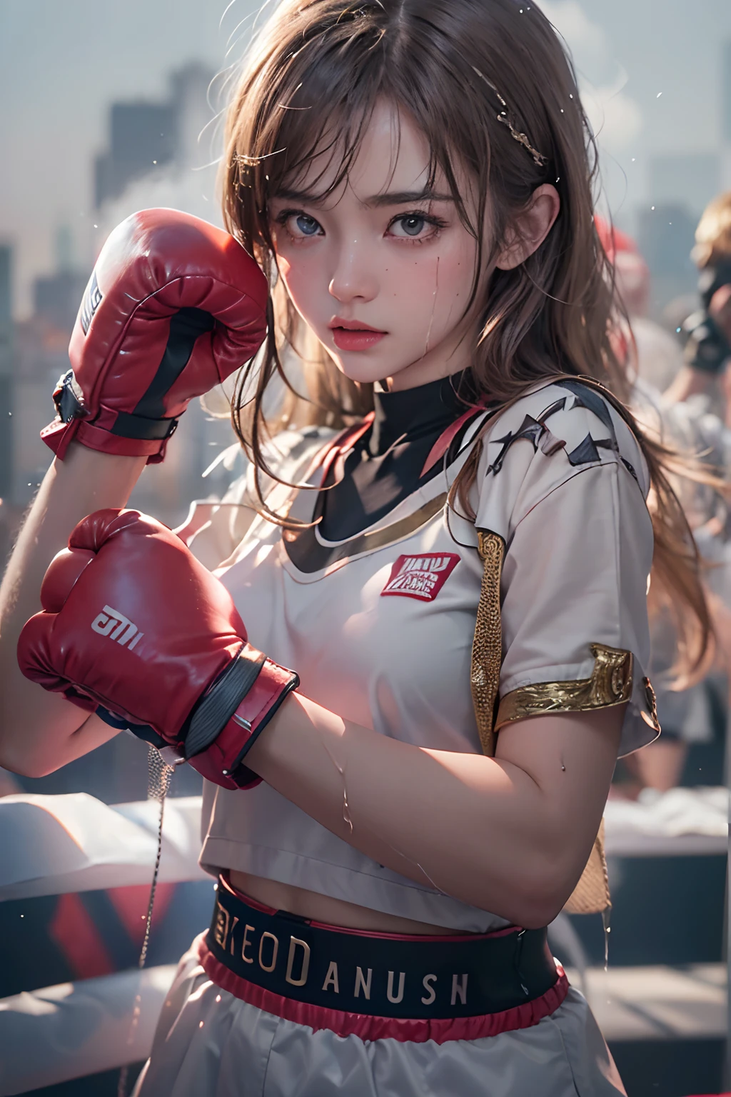 Girl practicing boxing,Wearing boxing gloves on his hands,(steams:1.1),(Wet:1.1),(Trembling:1.1),(Sweat:1.1),Focused Breast,Pubic Area Showing,(s girl,boxing),boxer,(4K), (RAW photo: 1.2), (Realism: 1.4), (masutepiece: 1.3), (exquisite detailing: 1.2), Delicate and beautiful details, (eye detailed), (Facial detailed), (Highest quality:1.4), (Hyper-Resolution: 1.2), (very detailed illustration),ultra-realistic realism, shadowing, anaglyph, angle of view, Atmospheric perspective,vanishing point, Wide shot, Wide-angle, 8K, Super detail, ccurate, Best quality