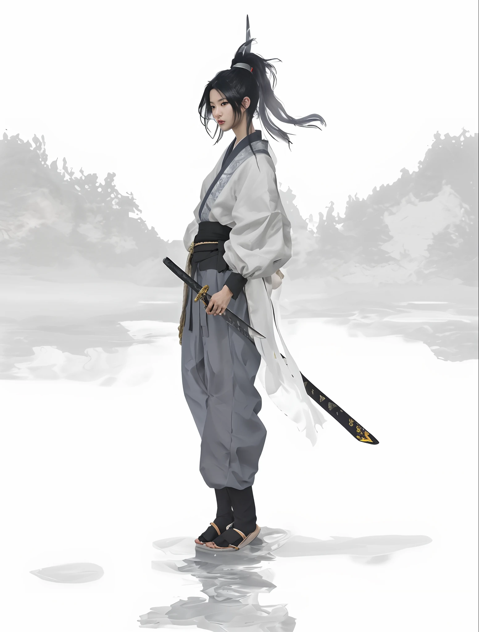 Masterpiece,Highest image quality,hugefilesize,Solo,arma,sword,Black hair,pony tails,sword sheath,Holding,standing at,katana swords,Japanese clothes,full bodyesbian,holding weapon,Pants,Male focus,sheathed,Long hair,grove,Lake surface,freeze,inverted image,sandals,8K,sandals,Black socks,standing at,stone,