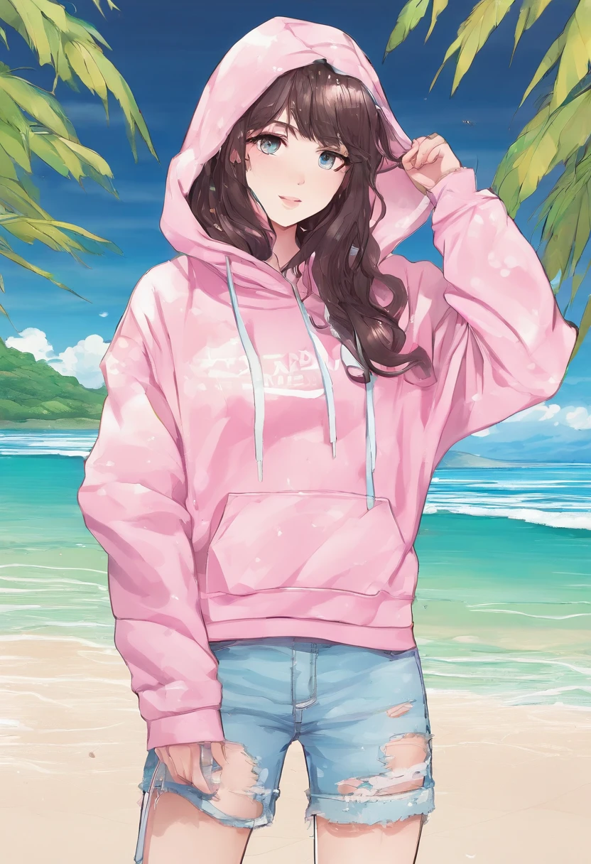 Beach background, brunette hair, pink and white cropped hoodie, ripped light blue jeans, white platform converse, freckles, light skin, green eyes