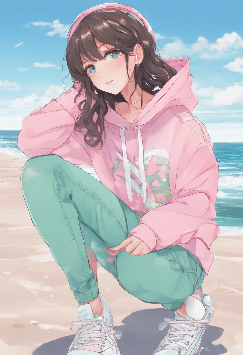 Beach background, brunette hair, pink and white cropped hoodie, ripped light blue jeans, white platform converse, freckles, light skin, green eyes