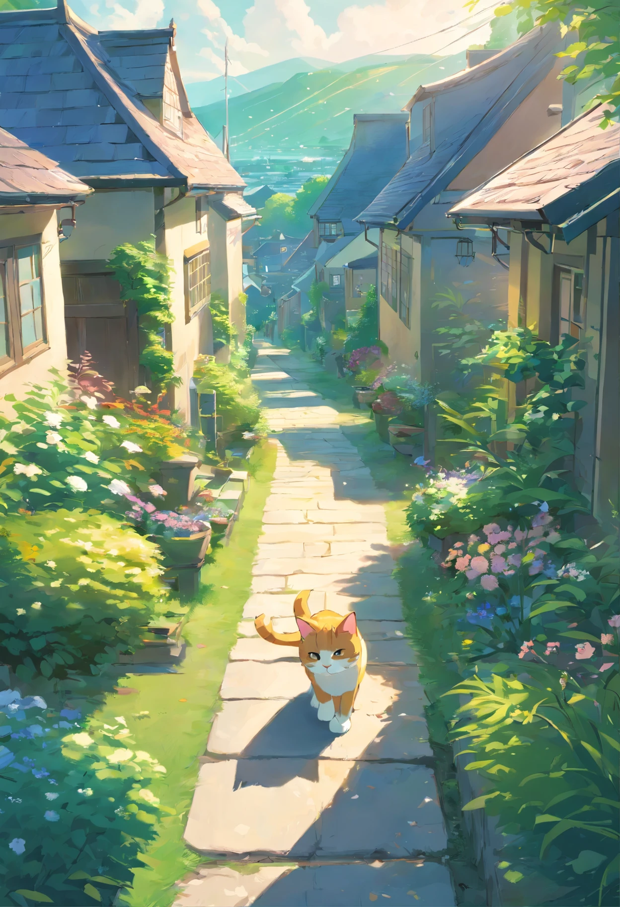 Scottish folding cat, adolable, trpical garden.Small streams., There are houses in the distance.
