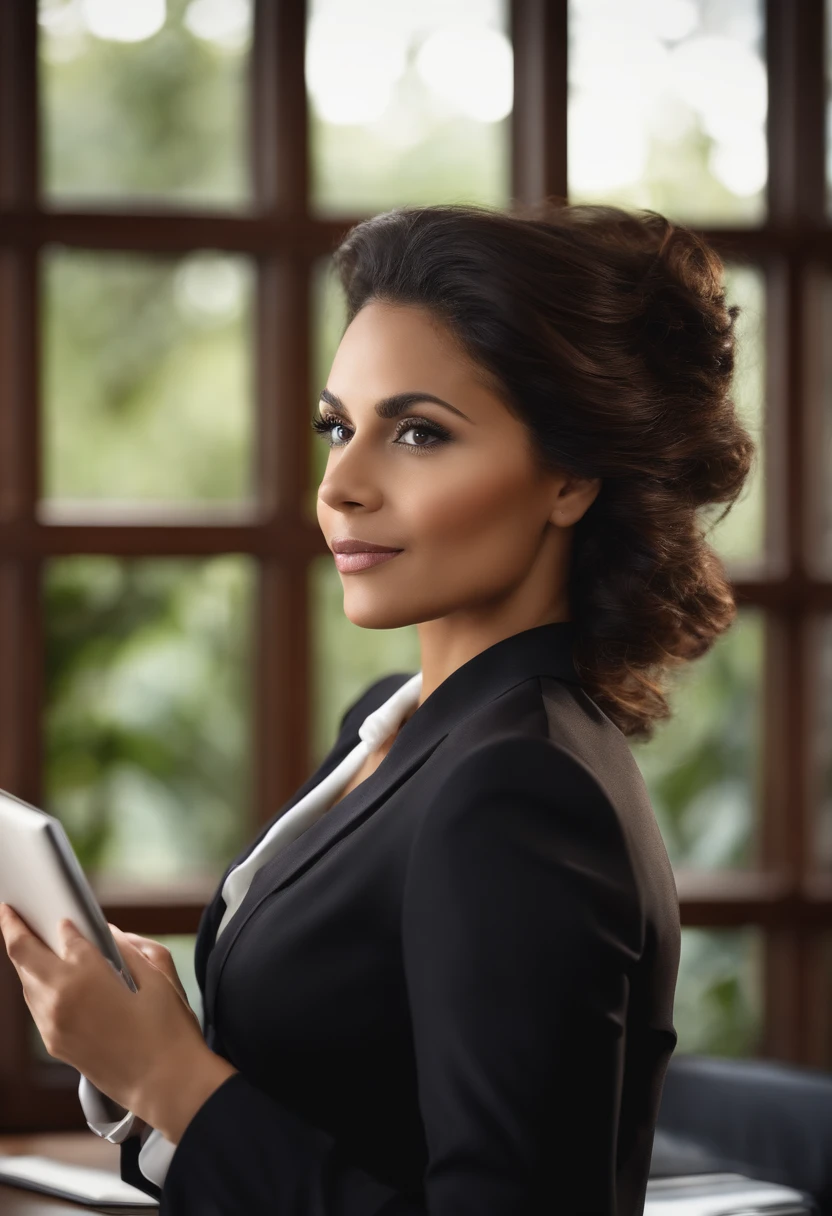 profissional, (Foto 10K:1.1), High detail, wearing black business dress, rosto bonito e detalhado, olhos castanhos claros, dark brown hair not too long, forma do corpo, office meeting room with work desk, autamente realista e com detalhes reais, Windows
